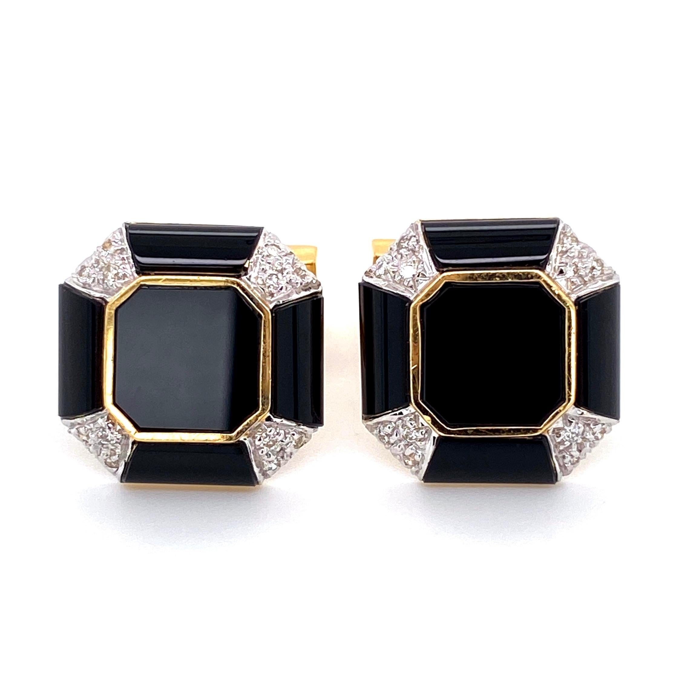 Classic Art Deco Style Onyx and Diamond Dress Set comprising Pair of Cuff links and three matching Shirt Studs, each centering an onyx each corner  pave set with 60 Diamonds weighing approx. .50 total Carat weight. Approx. sizes: Cufflinks: 0.81