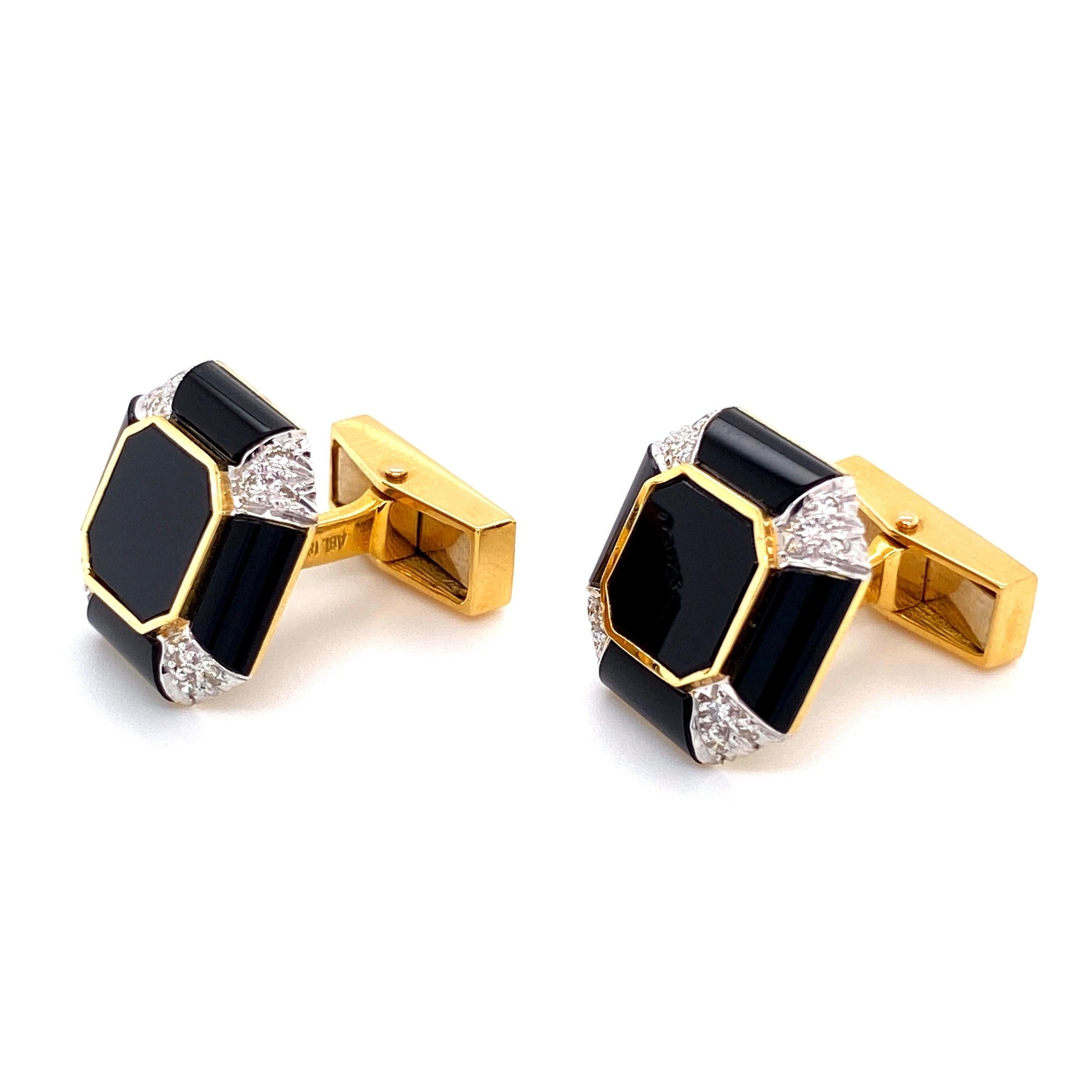 Art Deco Men's Onyx and Diamond Gold Cufflink and Matching Stud Dress Set