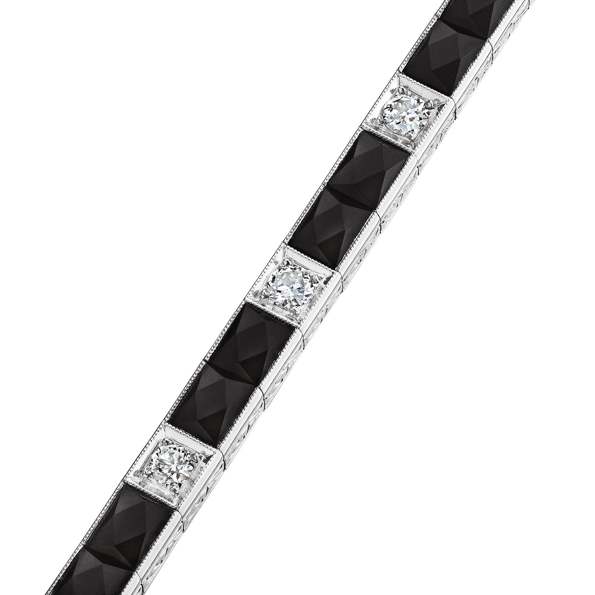 French Cut Art Deco Onyx Diamond Line Bracelet