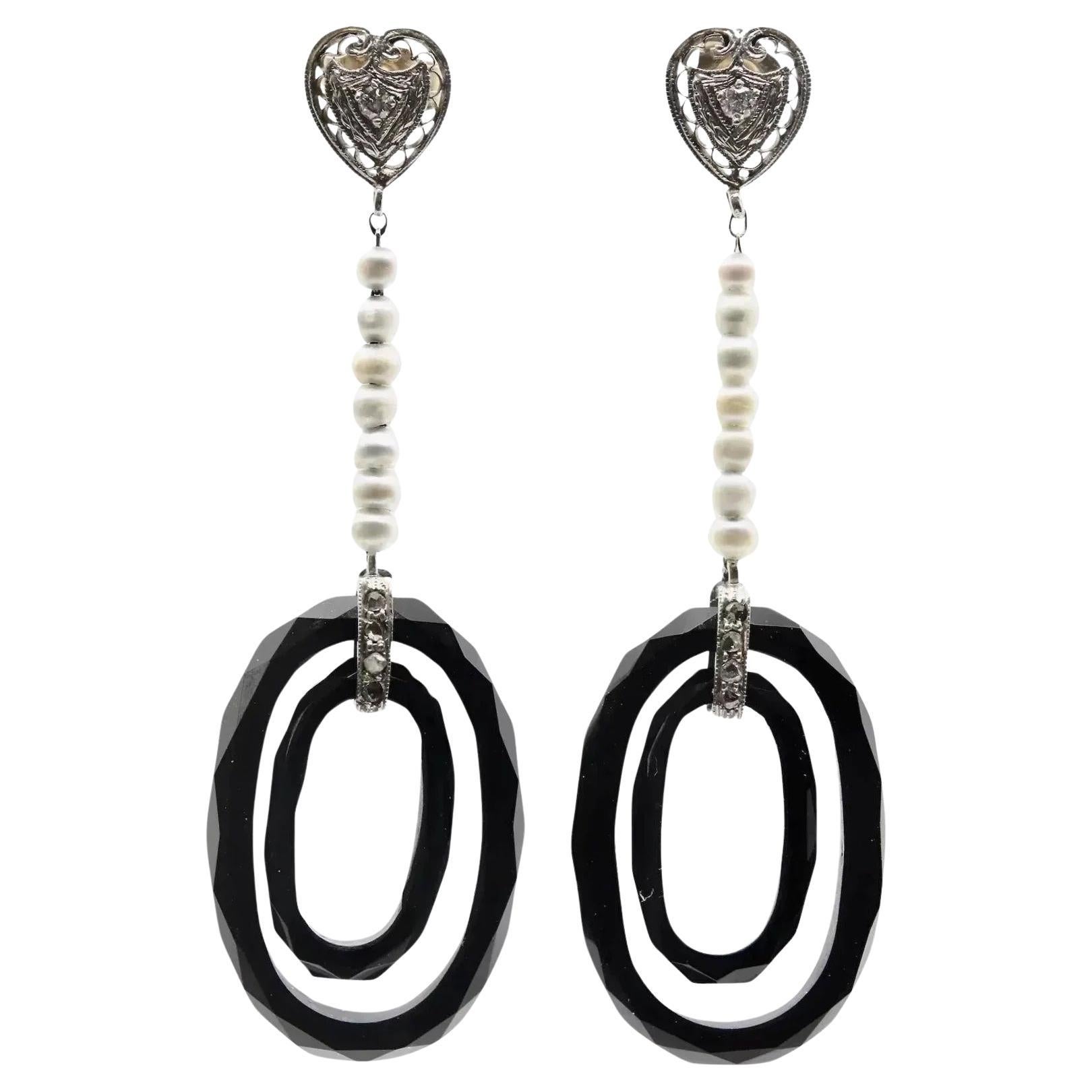 Art Deco Onyx, Diamond, & Natural Pearl Dangle Drop Earrings in Platinum