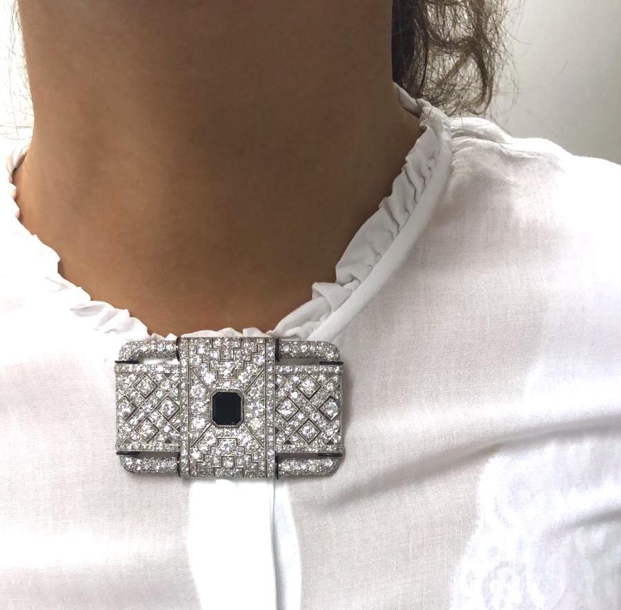 Women's or Men's Art Deco Onyx Diamond Platinum Brooch