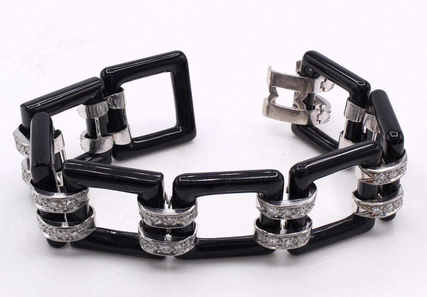 Mixed Cut Art Deco Onyx Diamond Platinum Link Bracelet For Sale