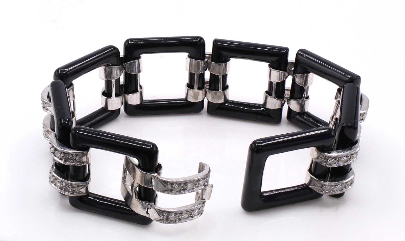 Women's or Men's Art Deco Onyx Diamond Platinum Link Bracelet For Sale