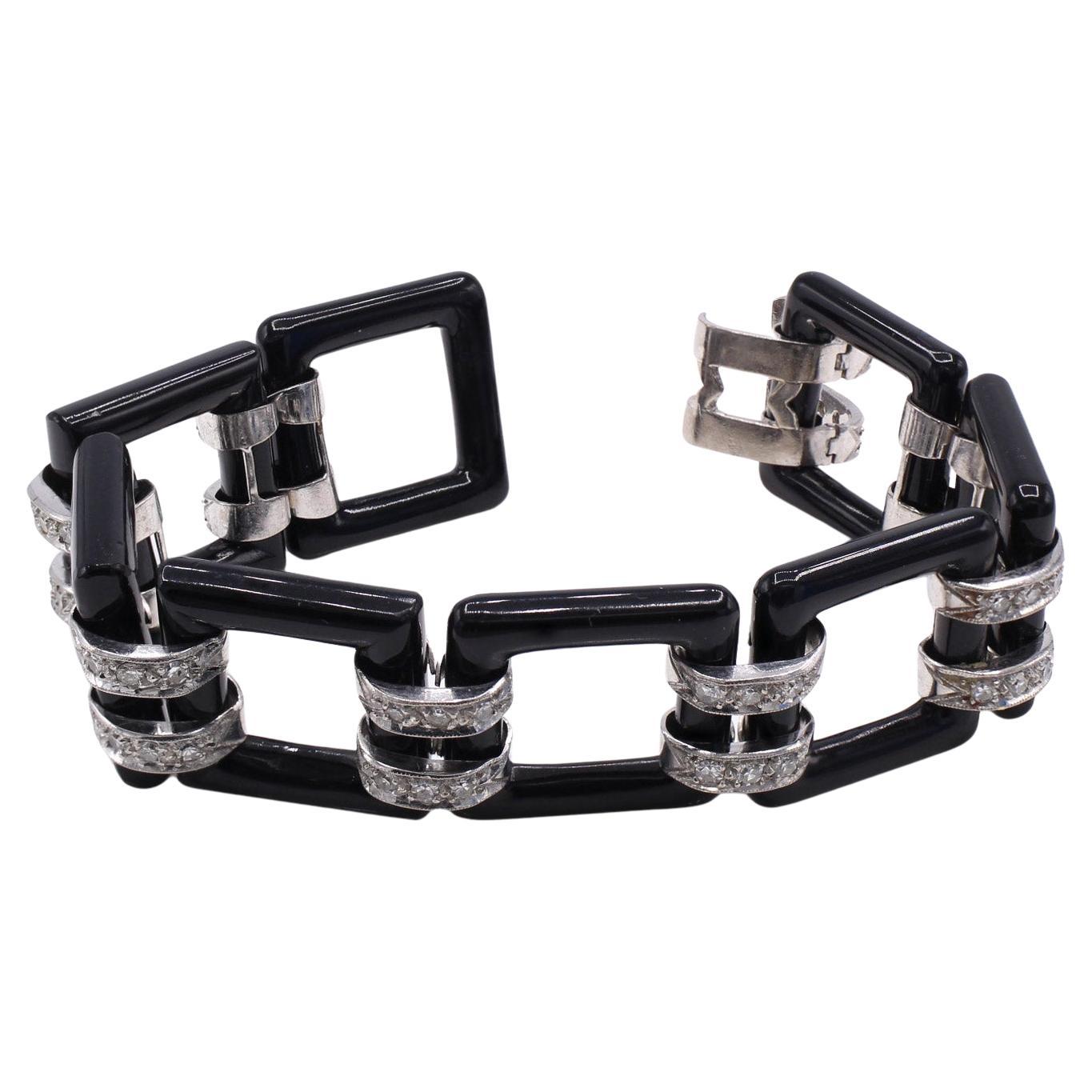 Art Deco Onyx Diamond Platinum Link Bracelet