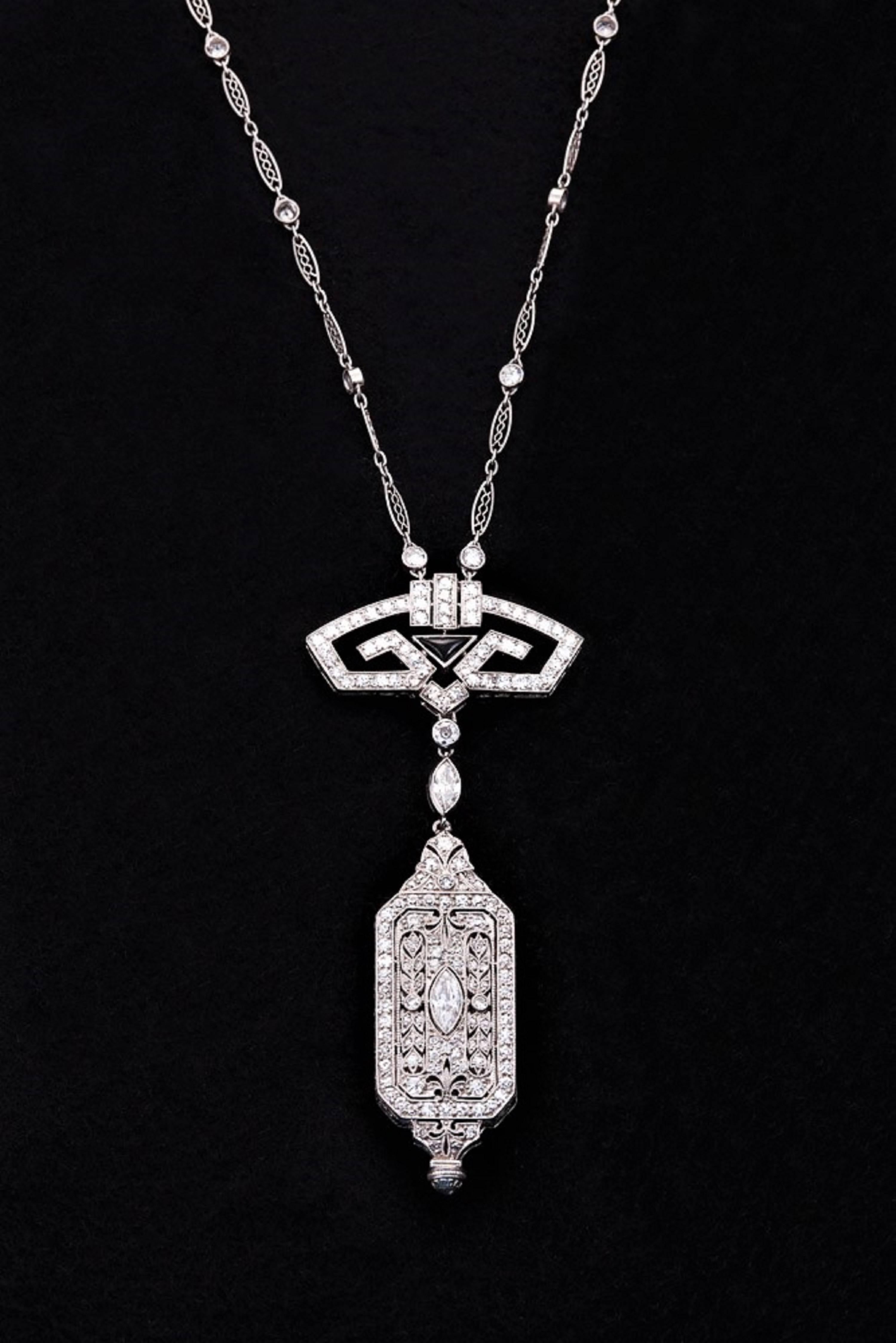 Art Deco Onyx Diamond Platinum Pendant Watch and Chain In Good Condition For Sale In Calabasas, CA
