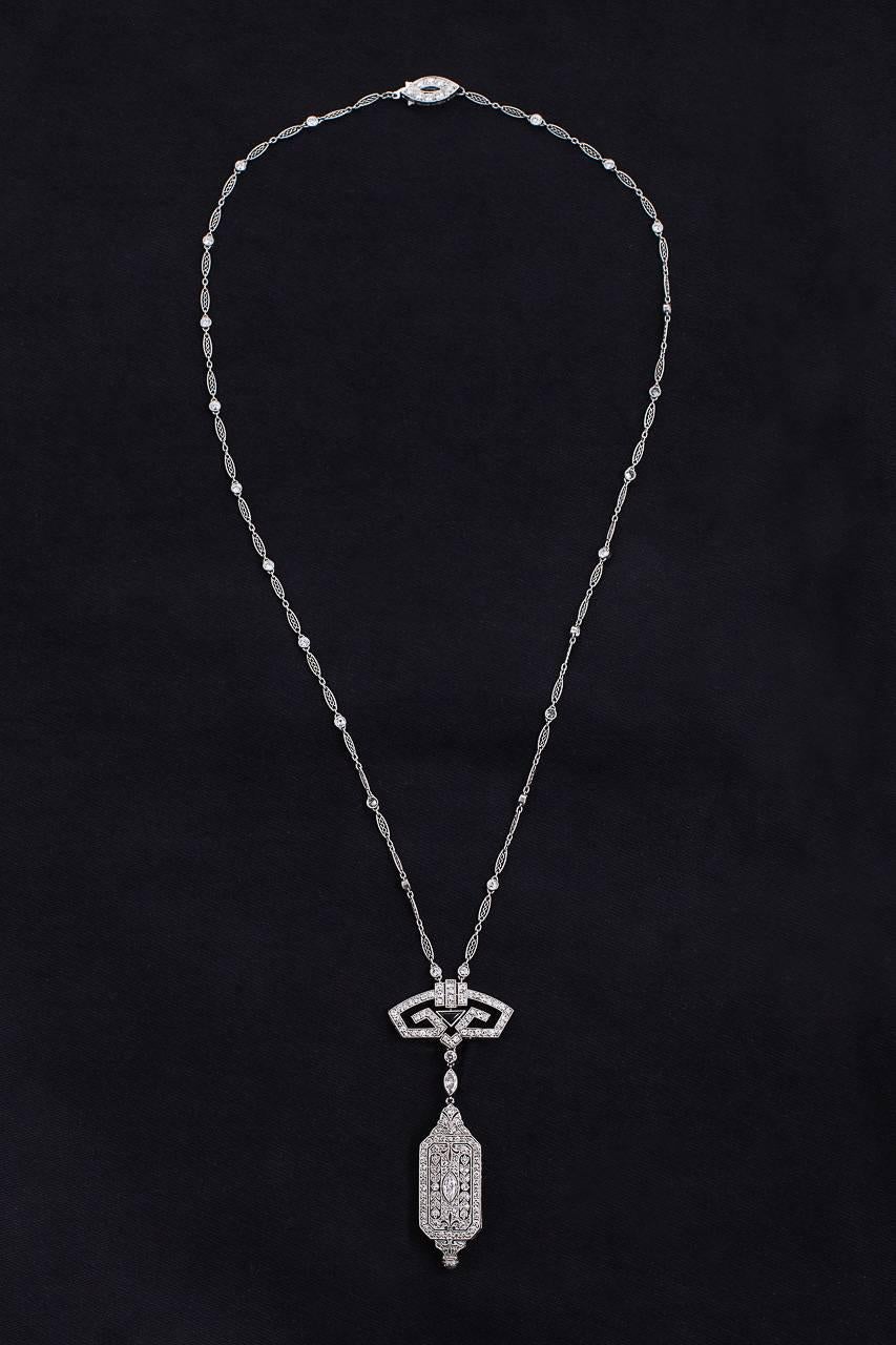 Women's Art Deco Onyx Diamond Platinum Pendant Watch and Chain For Sale