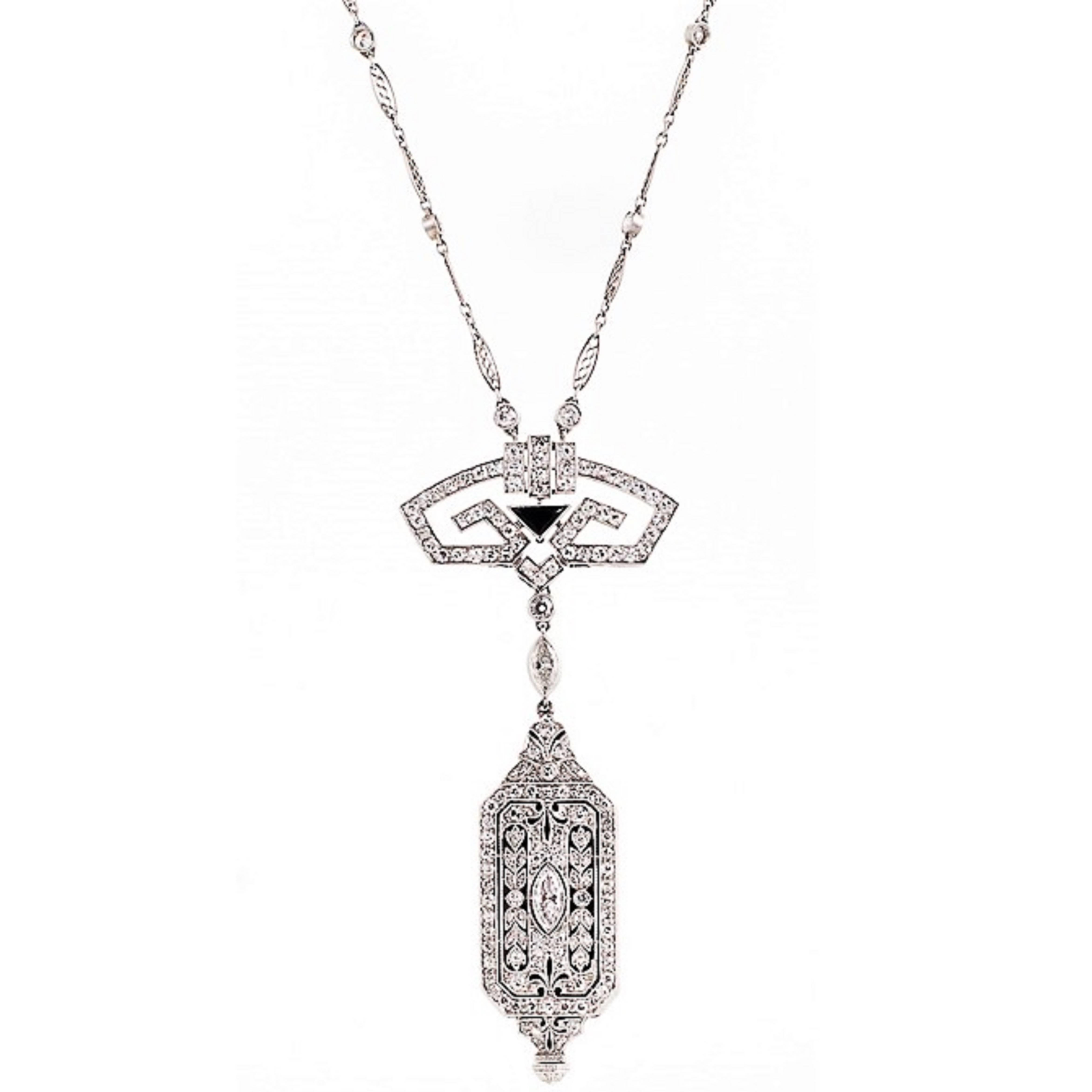 Art Deco Onyx Diamond Platinum Pendant Watch and Chain For Sale