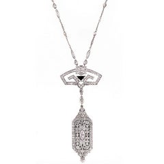 Antique Art Deco Onyx Diamond Platinum Pendant Watch and Chain