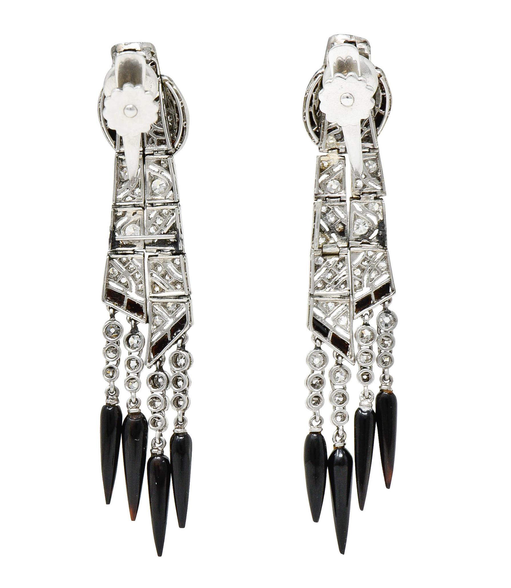 Rose Cut Art Deco Onyx Diamond Platinum Tassel Screwback Earrings