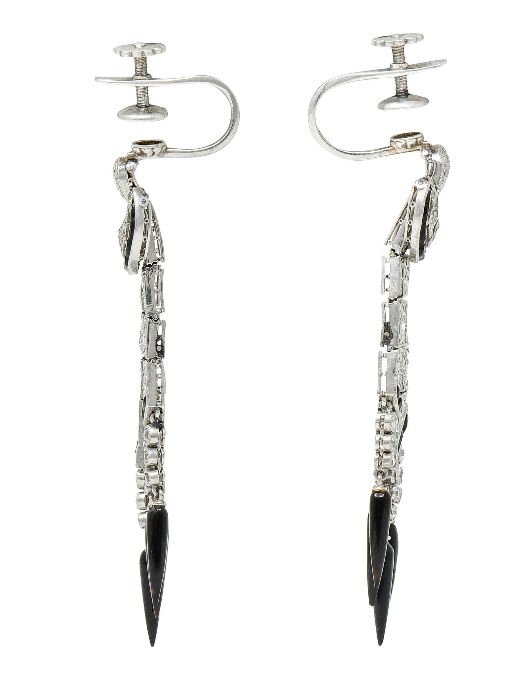 Art Deco Onyx Diamond Platinum Tassel Screwback Earrings In Excellent Condition In Philadelphia, PA