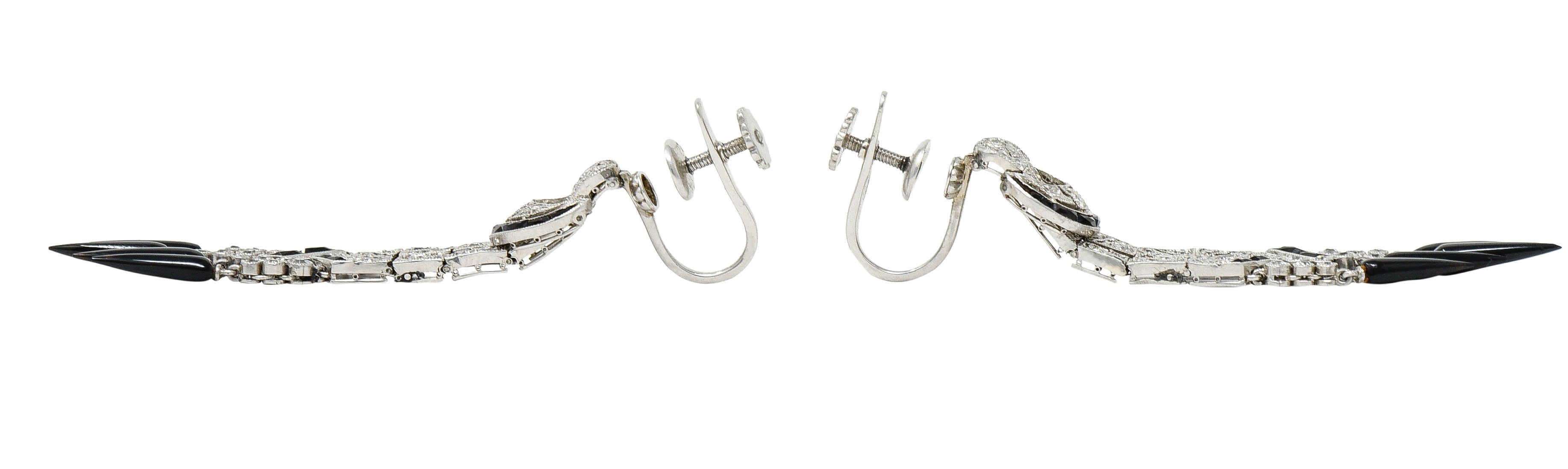 Women's or Men's Art Deco Onyx Diamond Platinum Tassel Screwback Earrings