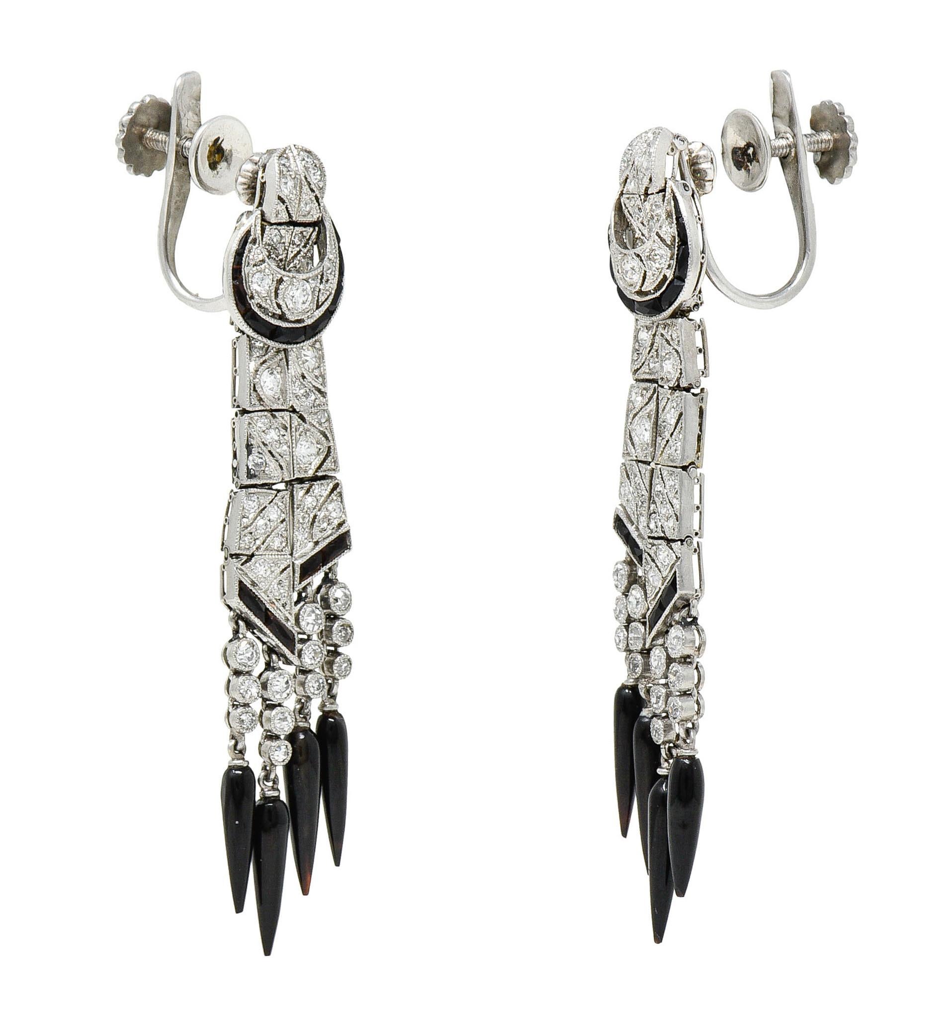 Art Deco Onyx Diamond Platinum Tassel Screwback Earrings 1