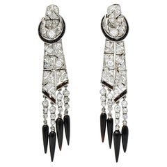 Art Deco Onyx Diamond Platinum Tassel Screwback Earrings