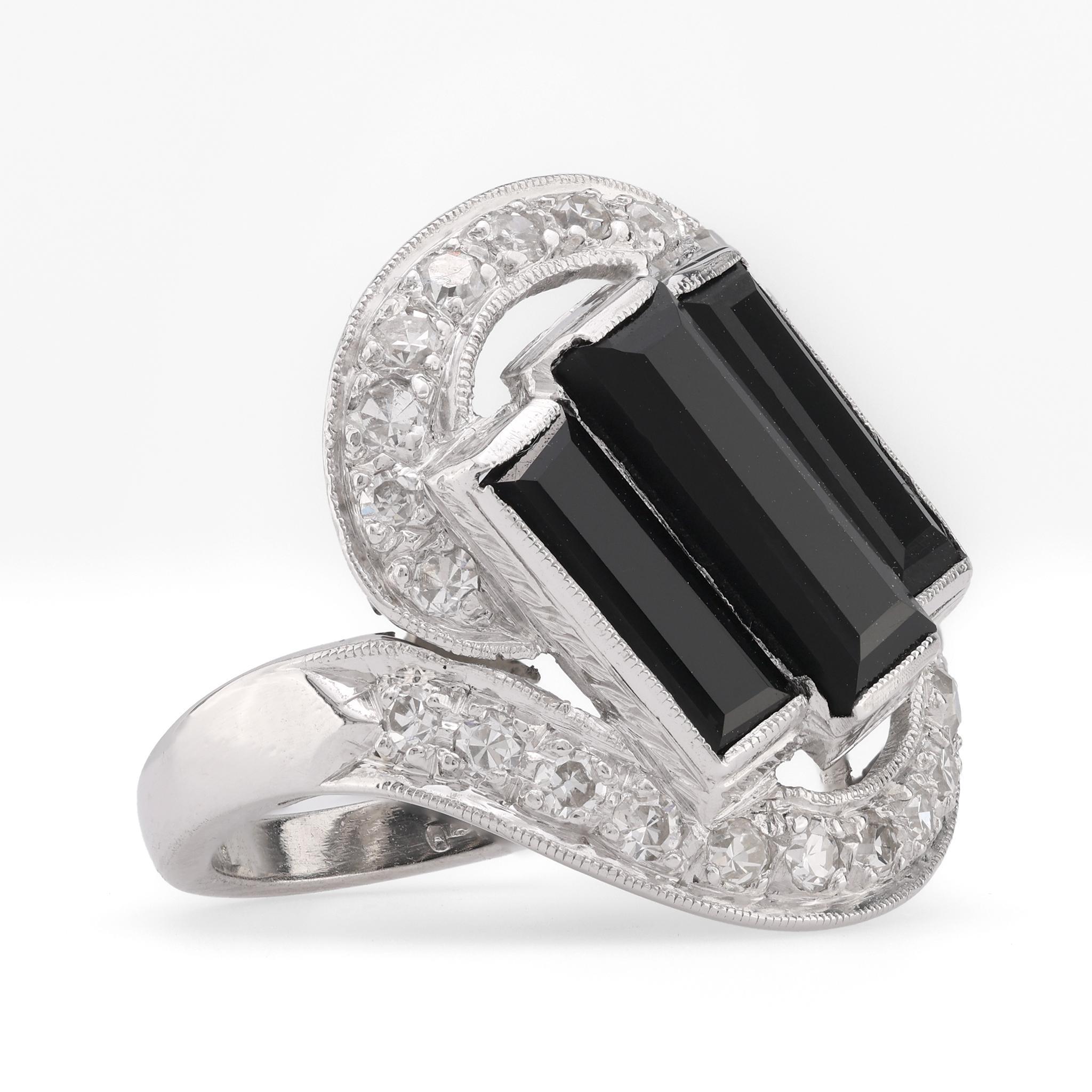 Single Cut Art Deco Onyx Diamond Platinum Three Stone Ring