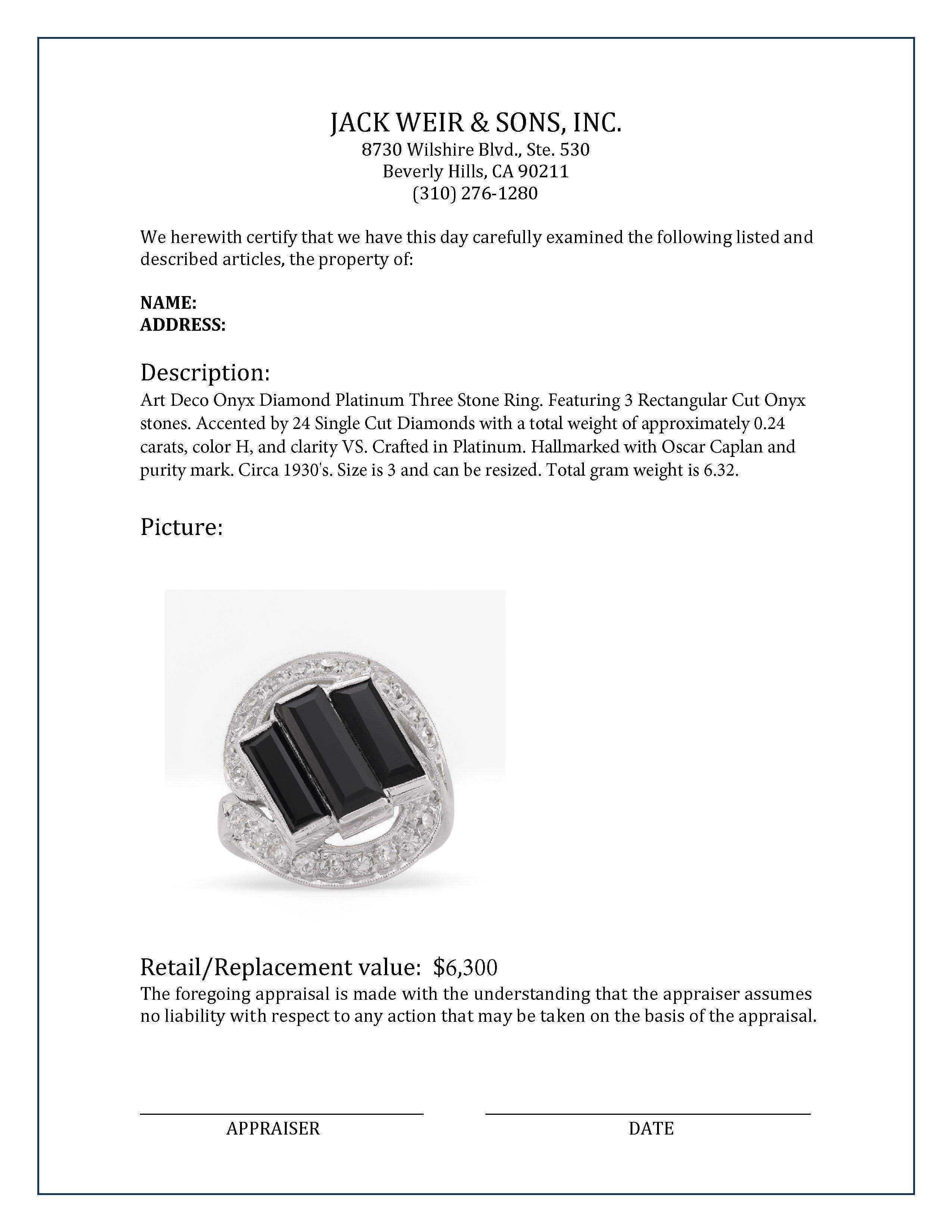 Women's or Men's Art Deco Onyx Diamond Platinum Three Stone Ring