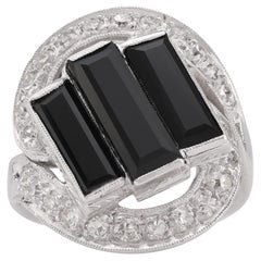 Art Deco Onyx Diamond Platinum Three Stone Ring