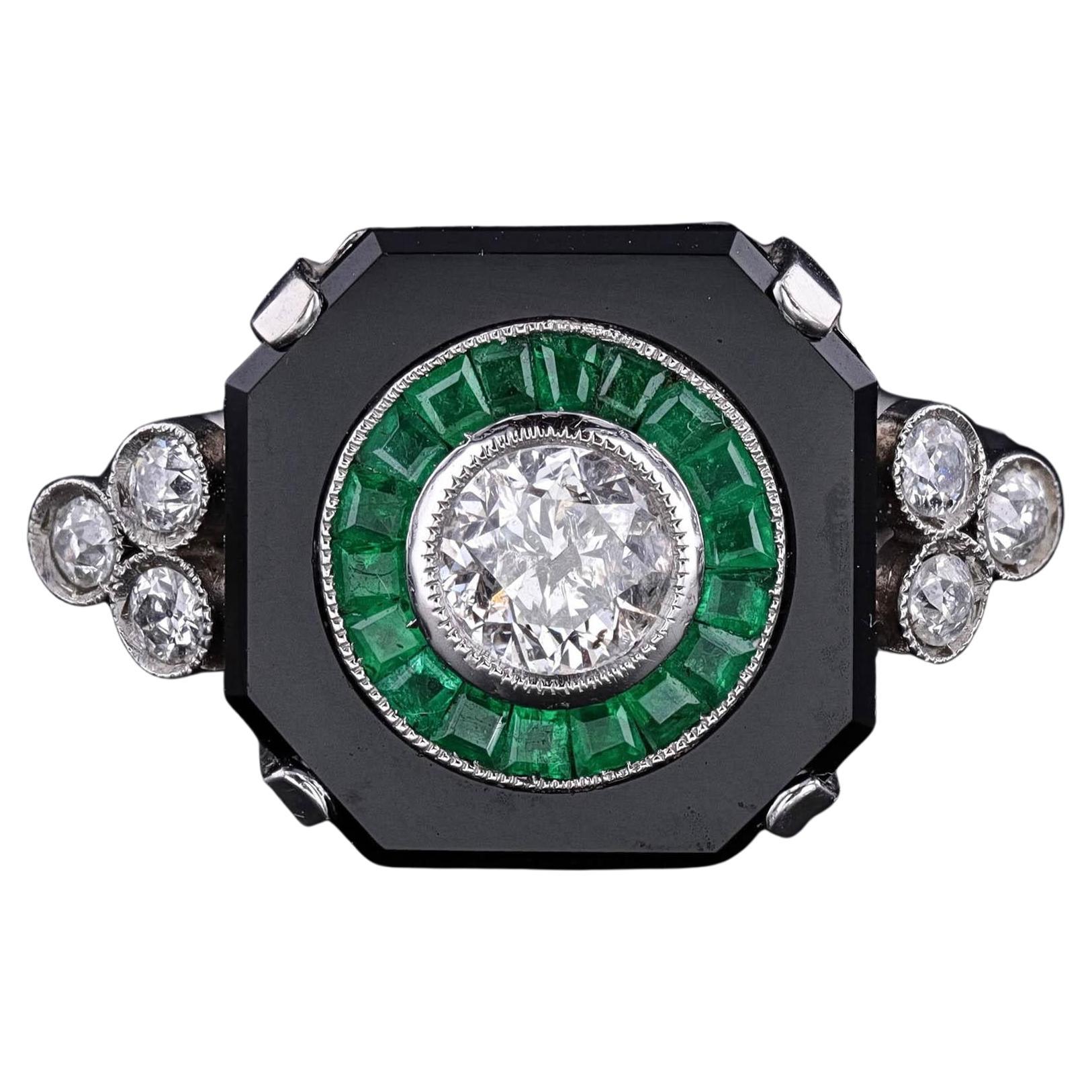 Anello Art Deco con onice, smeraldo e diamante in platino in vendita