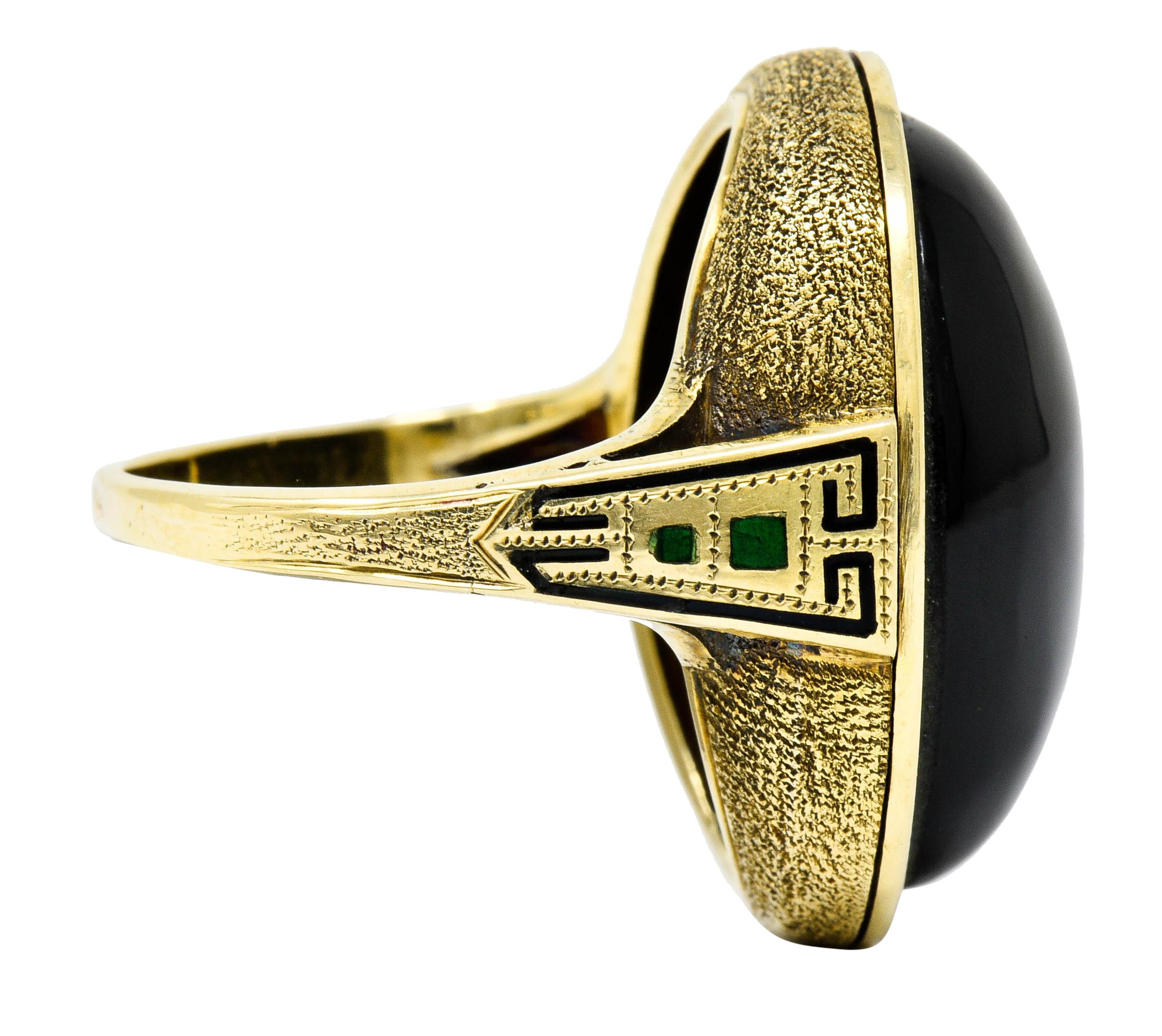 Art Deco Onyx Enamel 14 Karat Gold Cabochon Statement Ring In Excellent Condition In Philadelphia, PA