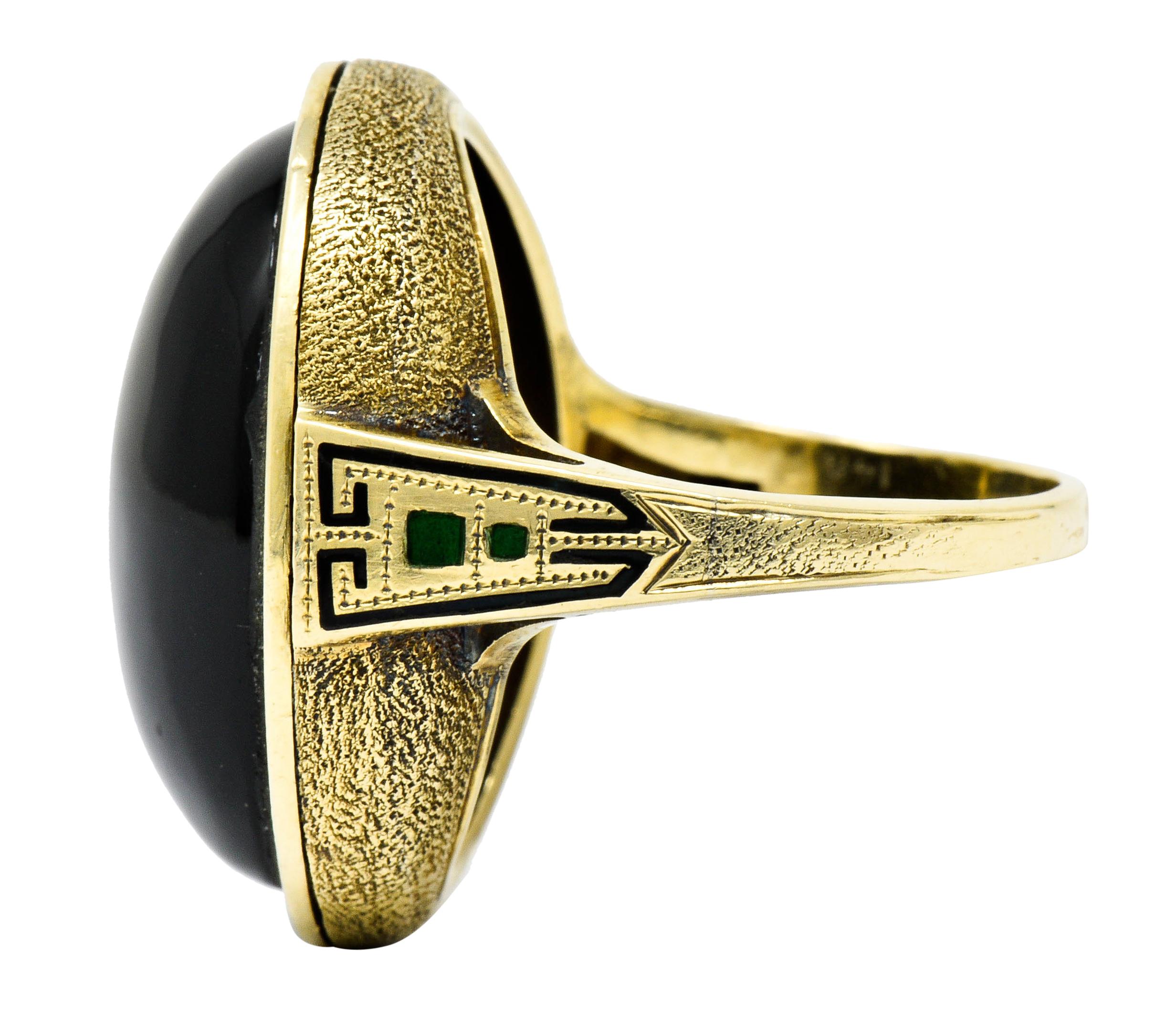 Art Deco Onyx Enamel 14 Karat Gold Cabochon Statement Ring 1
