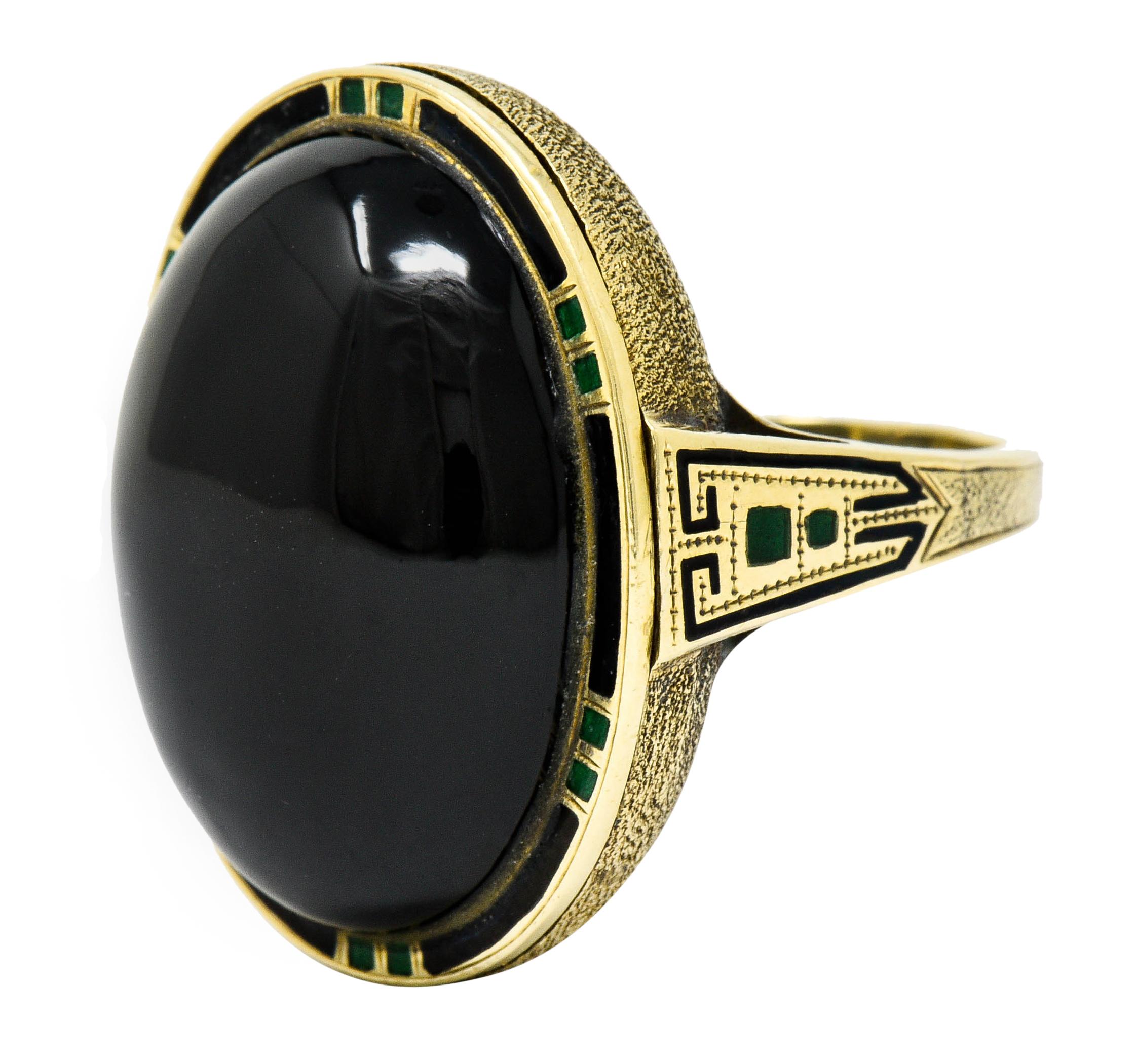 Art Deco Onyx Enamel 14 Karat Gold Cabochon Statement Ring 2