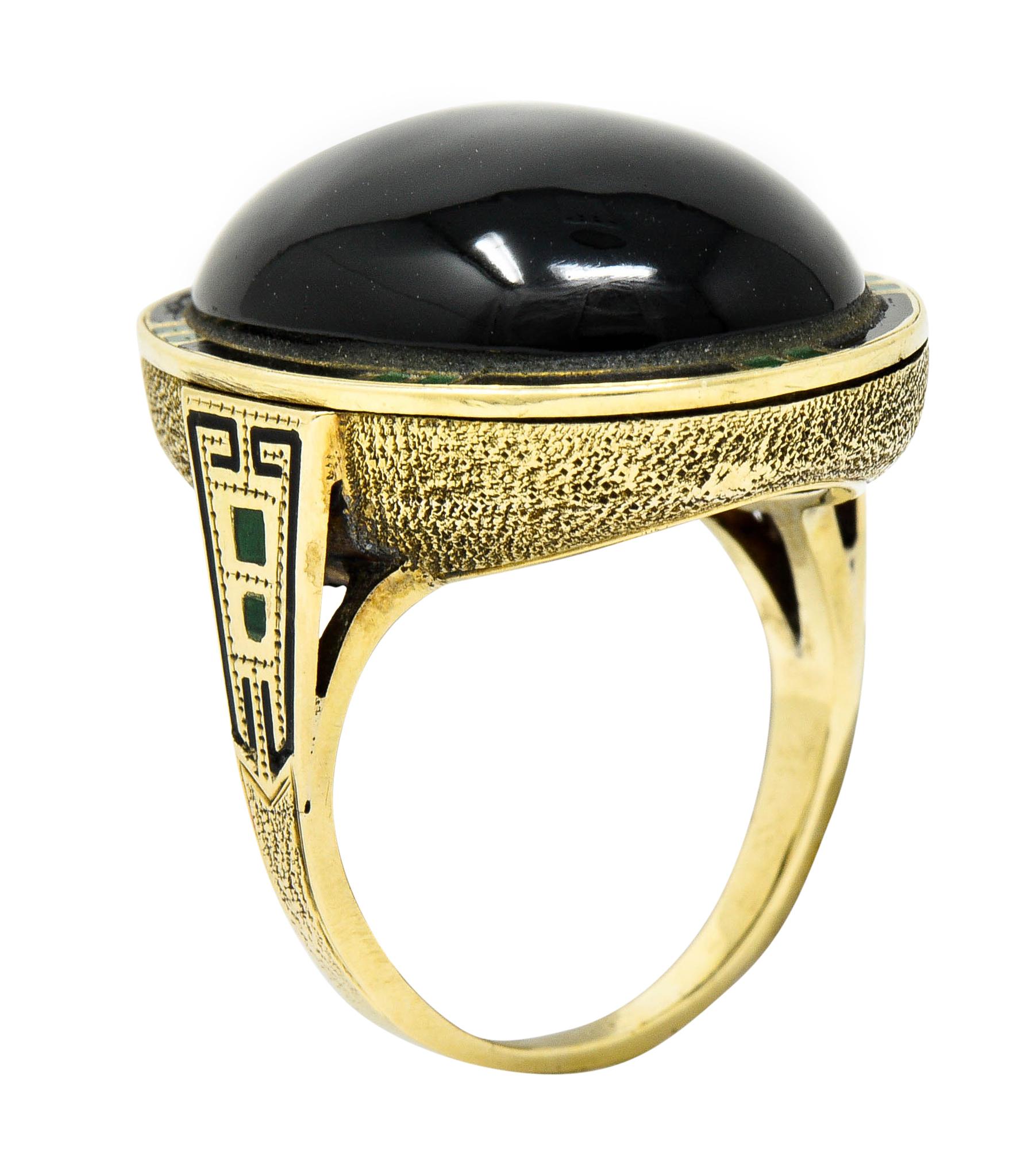 Art Deco Onyx Enamel 14 Karat Gold Cabochon Statement Ring 4