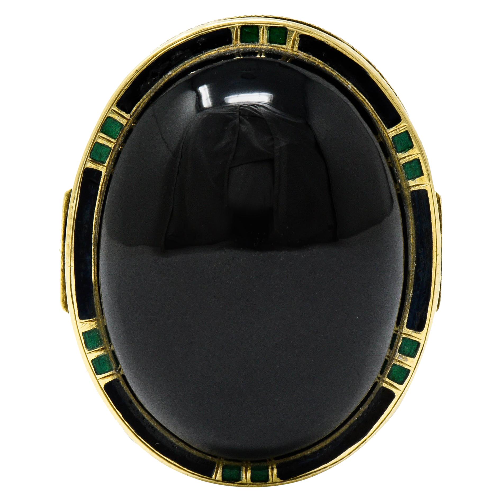 Art Deco Onyx Enamel 14 Karat Gold Cabochon Statement Ring