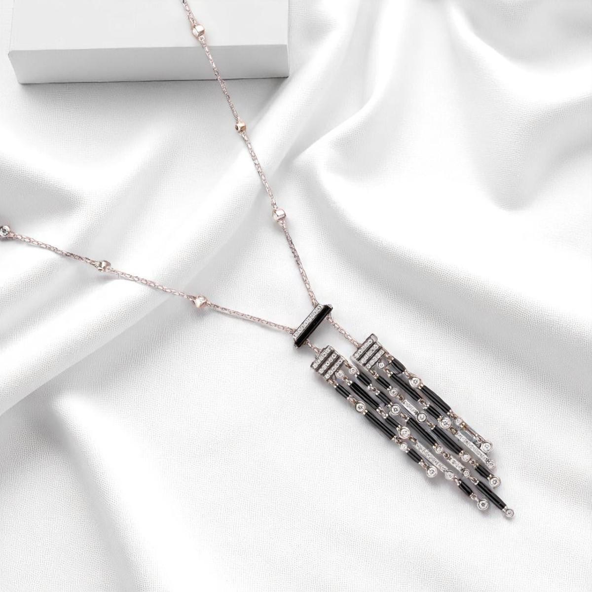 Collier Art Déco en or massif 14k (certifié) avec houppe en diamant et pierre d'onyx Neuf - En vente à New Delhi, DL