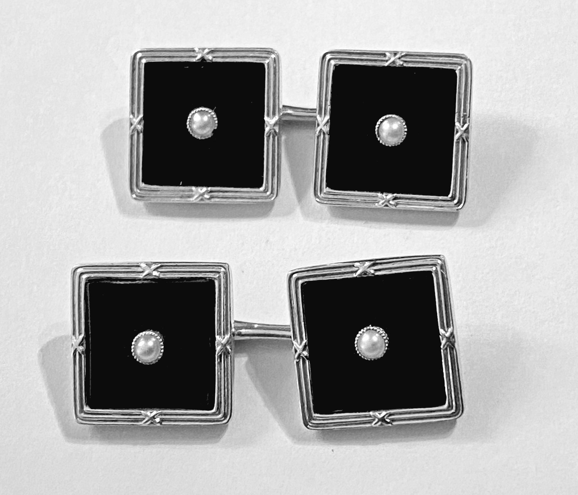 English Art Deco Onyx Gold Cufflinks Studs Tuxedo Set, C.1920