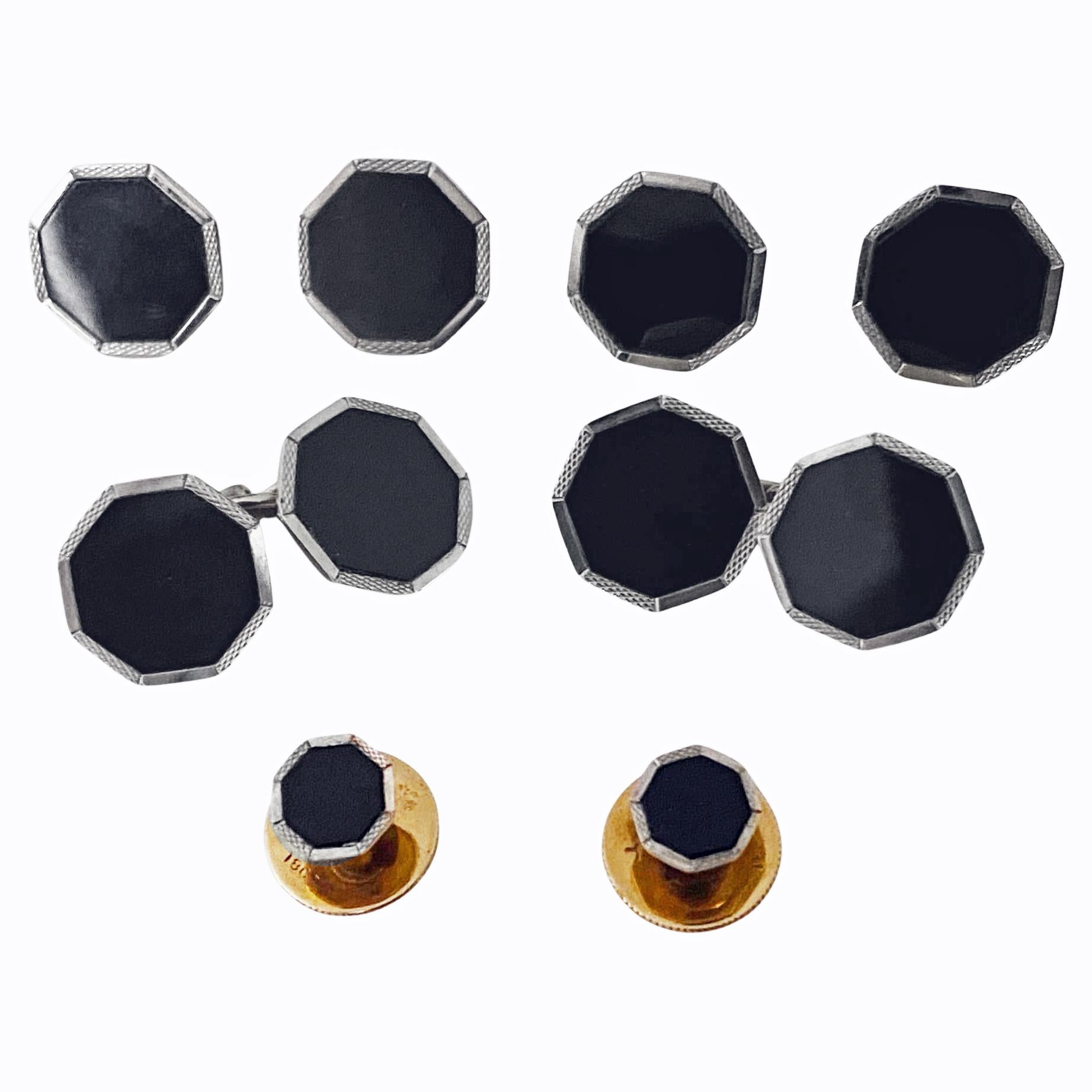 Women's or Men's Art Deco Onyx Gold Cufflinks Studs Tuxedo Set, C.1920