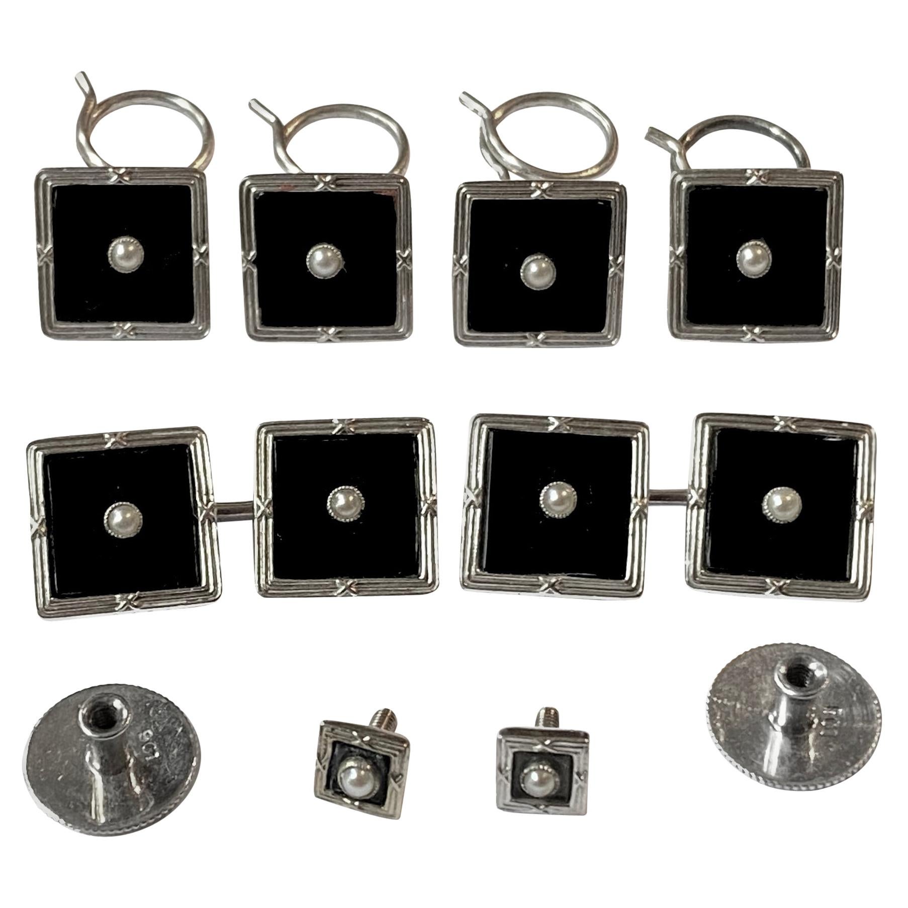 Art Deco Onyx Gold Cufflinks Studs Tuxedo Set, C.1920