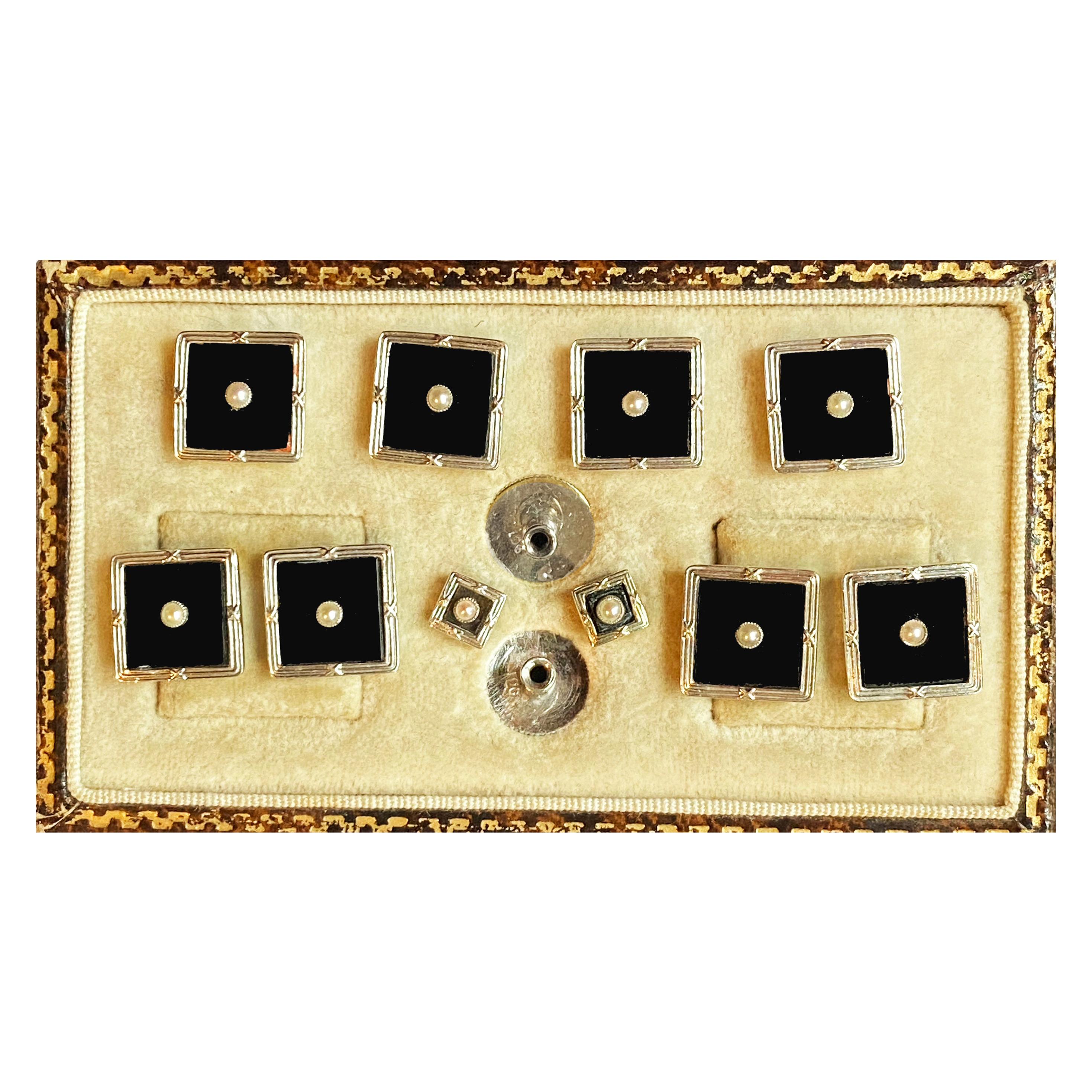 Art Deco Onyx Gold Cufflinks Studs Tuxedo Set, C.1920