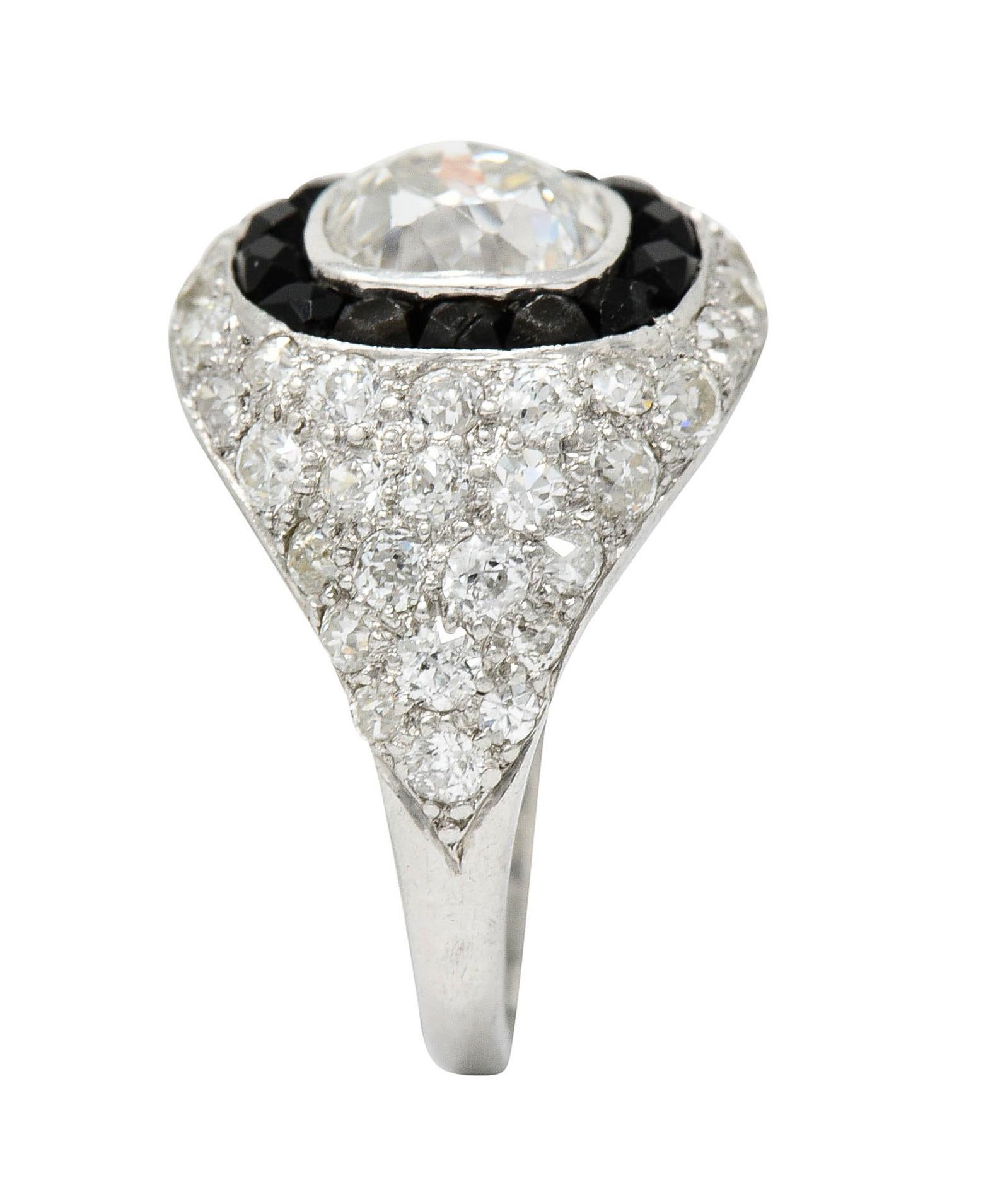 Art Deco Onyx Halo 2.50 Carat Diamond Platinum Bombe Band Ring For Sale 5