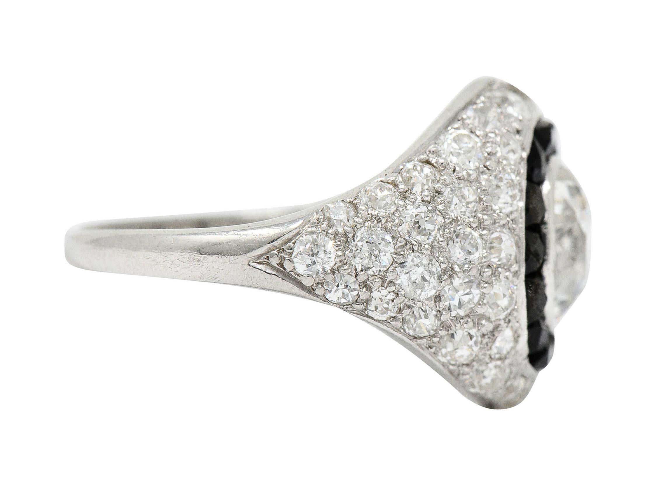 Old Mine Cut Art Deco Onyx Halo 2.50 Carat Diamond Platinum Bombe Band Ring For Sale