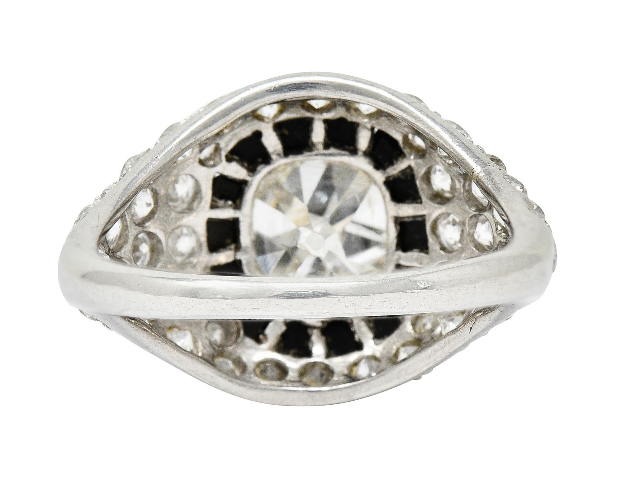 Art Deco Onyx Halo 2.50 Carat Diamond Platinum Bombe Band Ring In Excellent Condition For Sale In Philadelphia, PA