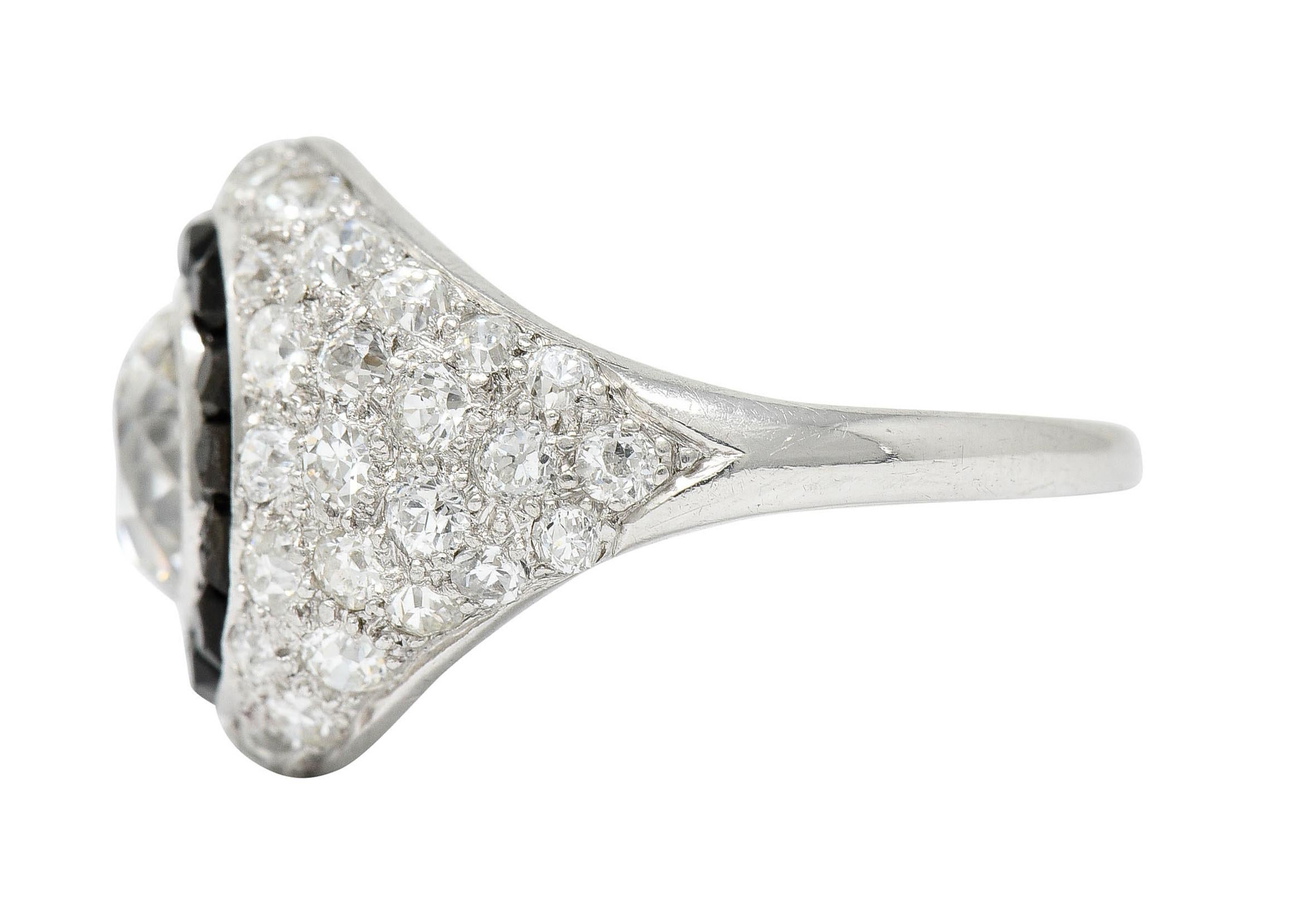 Women's or Men's Art Deco Onyx Halo 2.50 Carat Diamond Platinum Bombe Band Ring For Sale