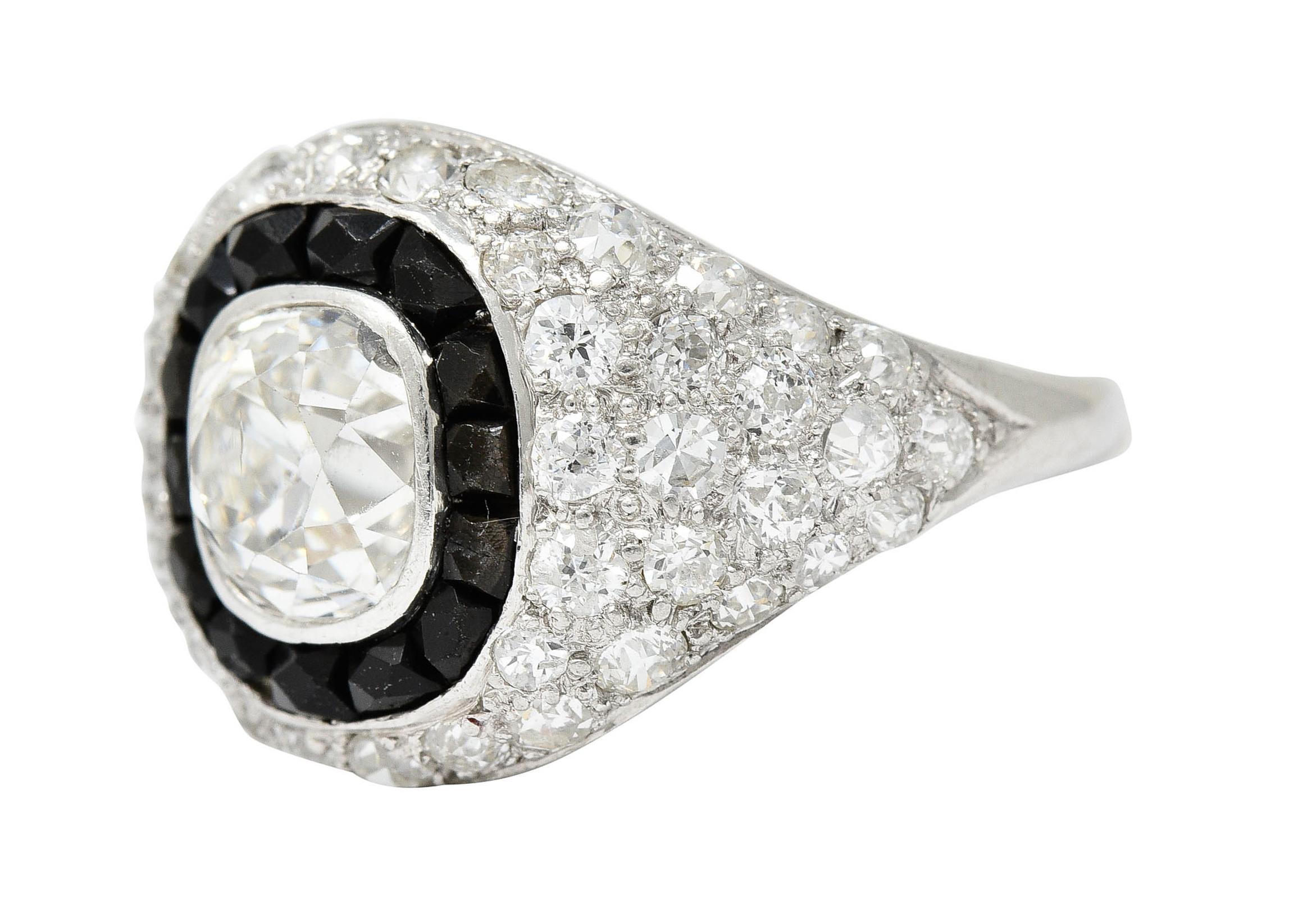 Art Deco Onyx Halo 2.50 Carat Diamond Platinum Bombe Band Ring For Sale 1