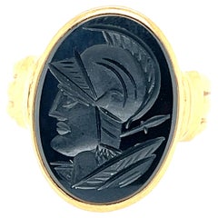 Art Deco Onyx Intaglio geschnitzter Kamee Cocktail-Ring Antik Original 1938 Gold