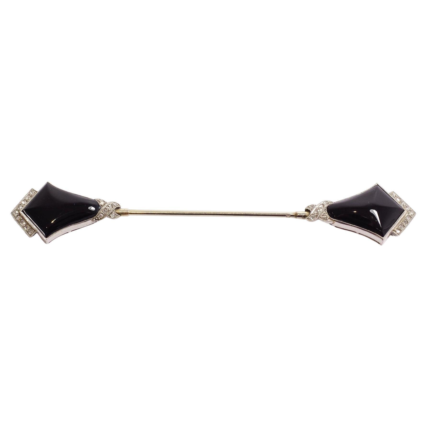 Art Deco Onyx Jabot Pin in 18k White Gold and Platinum, Art Deco