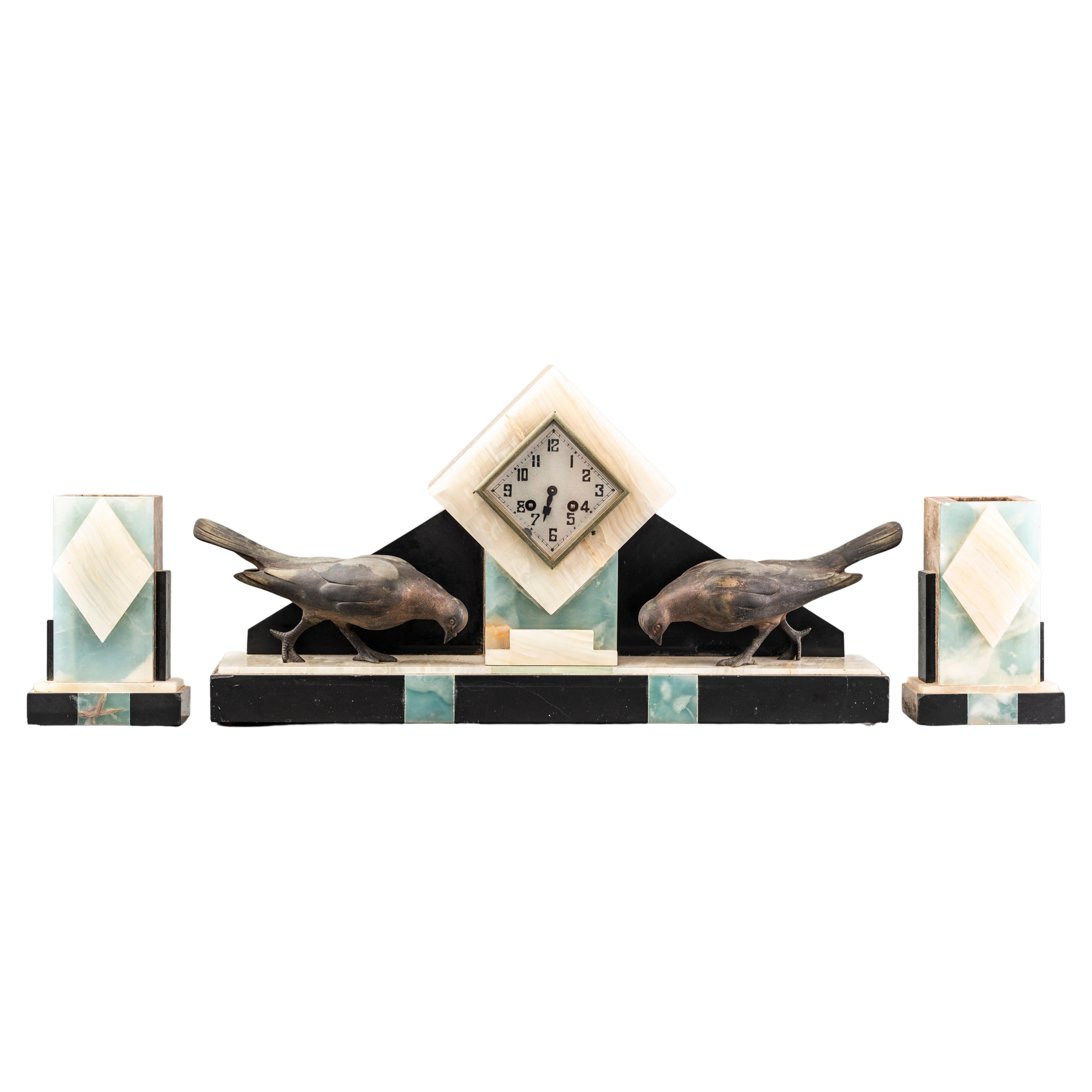 Art Deco Onyx & Marble Clock Garniture Set, 3