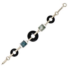 Vintage Art Deco Onyx Moss Agate 14 Karat Gold Link Bracelet, circa 1930