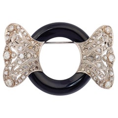 Art Deco onyx old European cut diamond platinum brooch