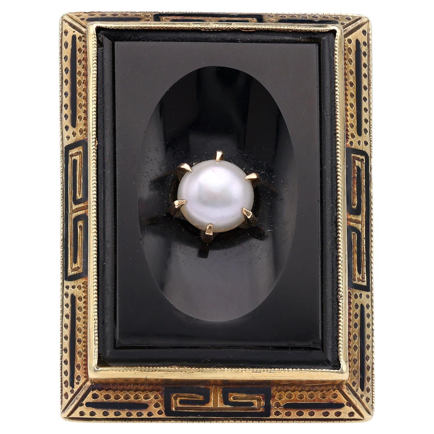 Art Deco Onyx Perle 14k Gelbgold Ring im Angebot