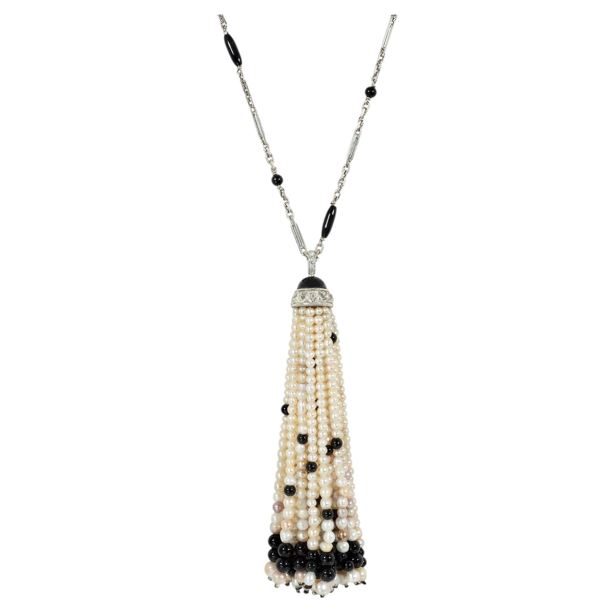 Art-Déco-Sautoir mit Quaste aus Onyx, Perlen und Diamanten