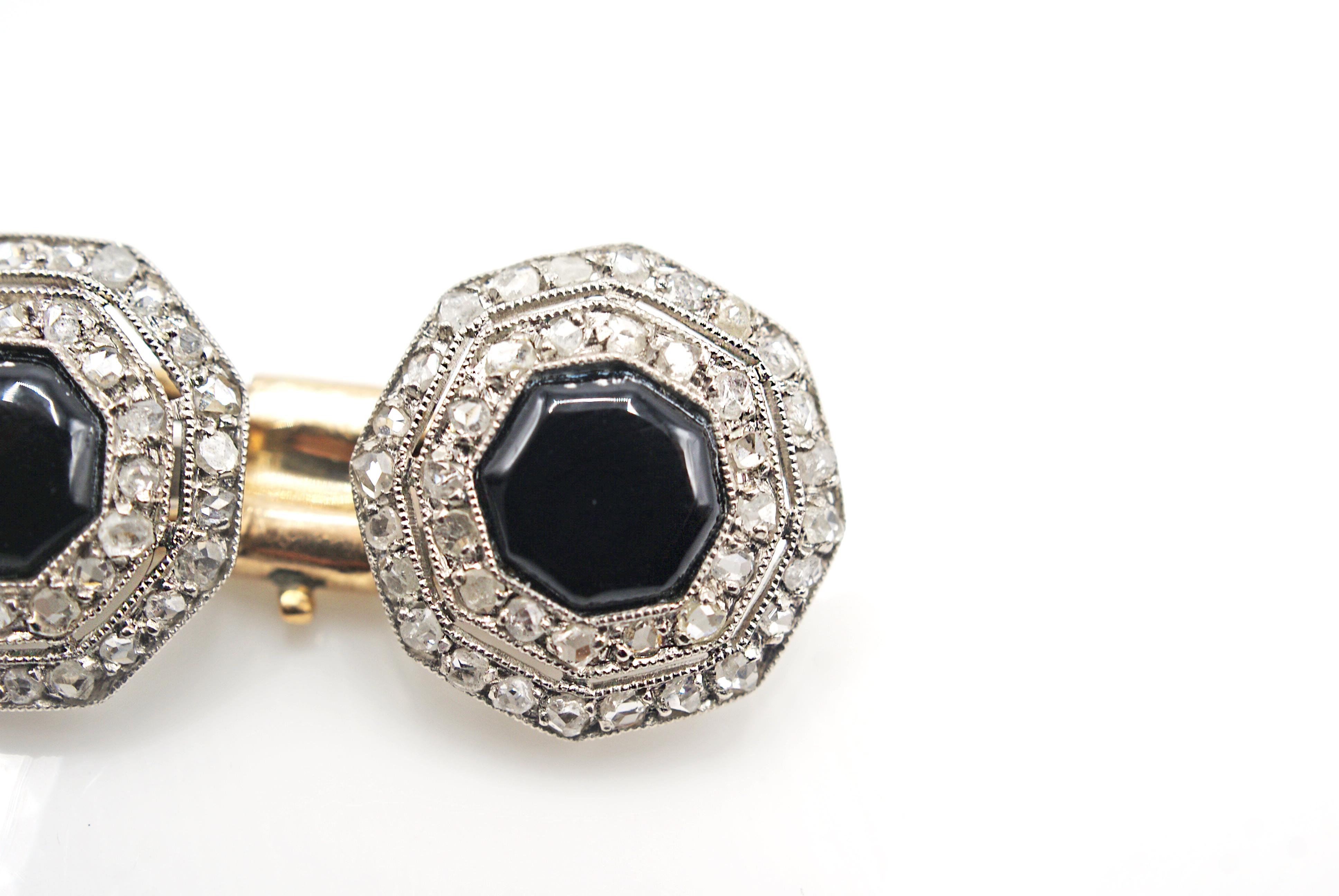 Art Deco Onyx Platinum Diamond and Gold Hexagonal Cufflinks In Excellent Condition In New York, NY