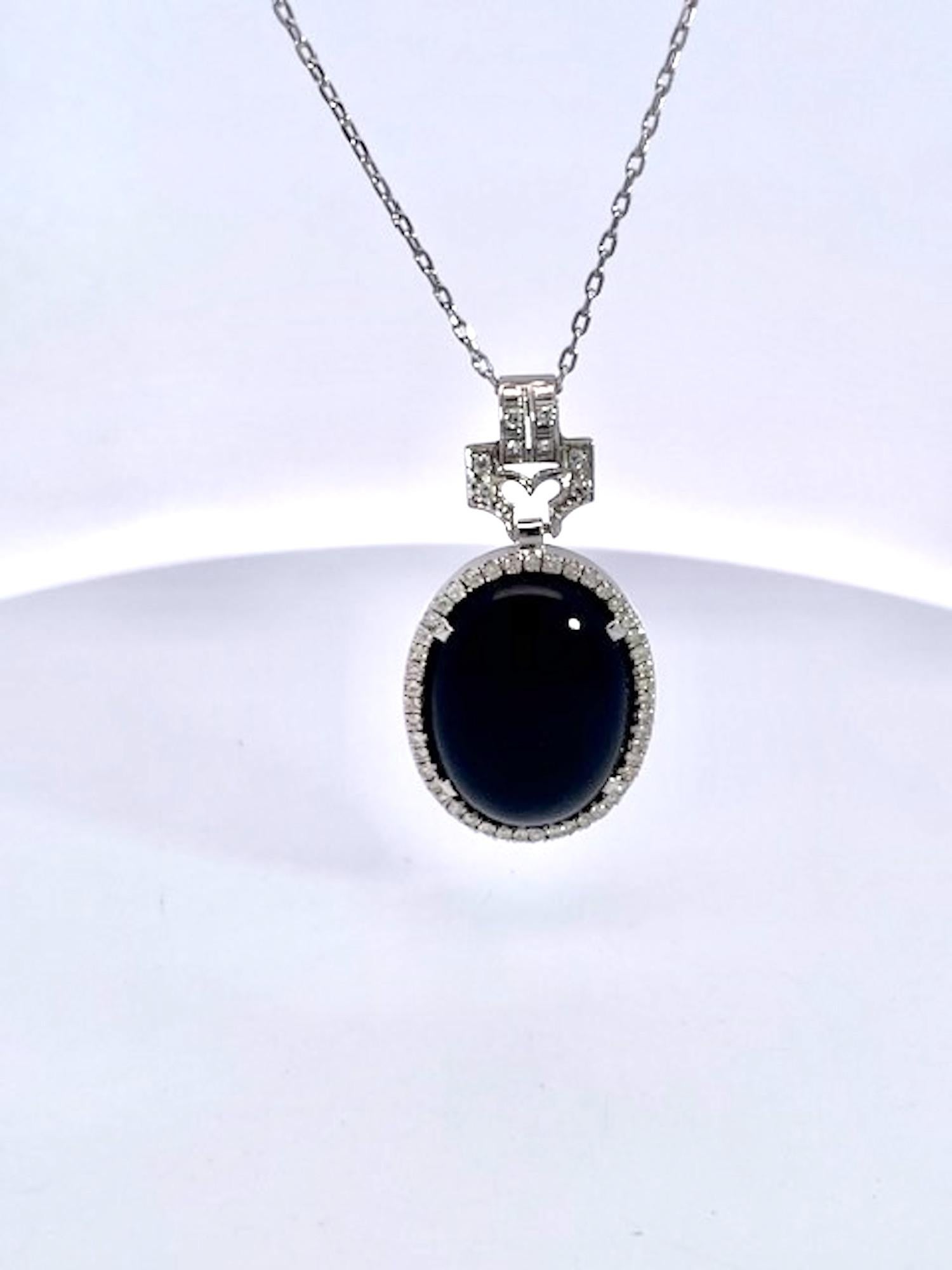 Women's Art Deco Onyx Platinum Pendant Diamond Surround For Sale