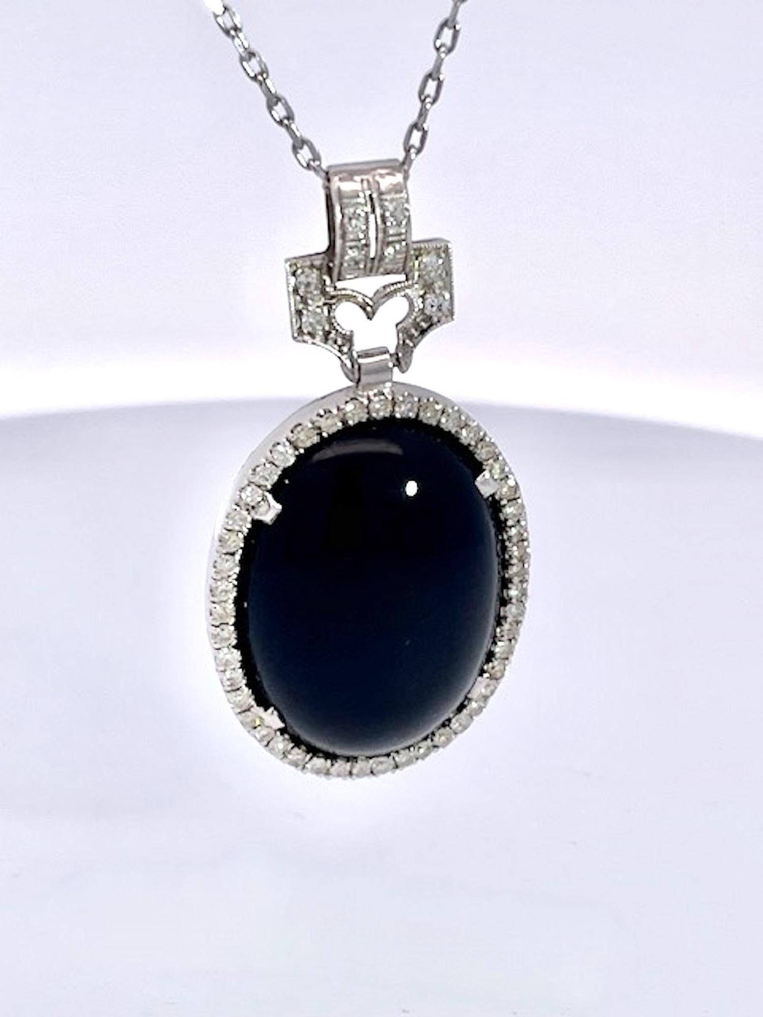 Art Deco Onyx Platinum Pendant Diamond Surround For Sale 2