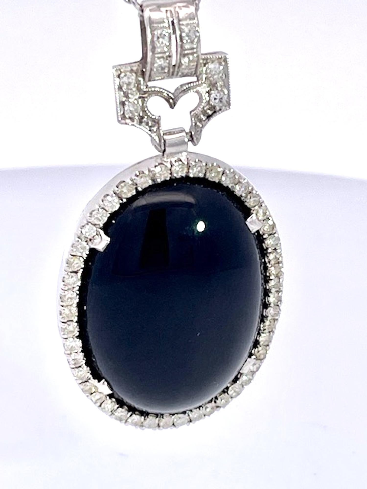 Art Deco Onyx Platinum Pendant Diamond Surround For Sale 3