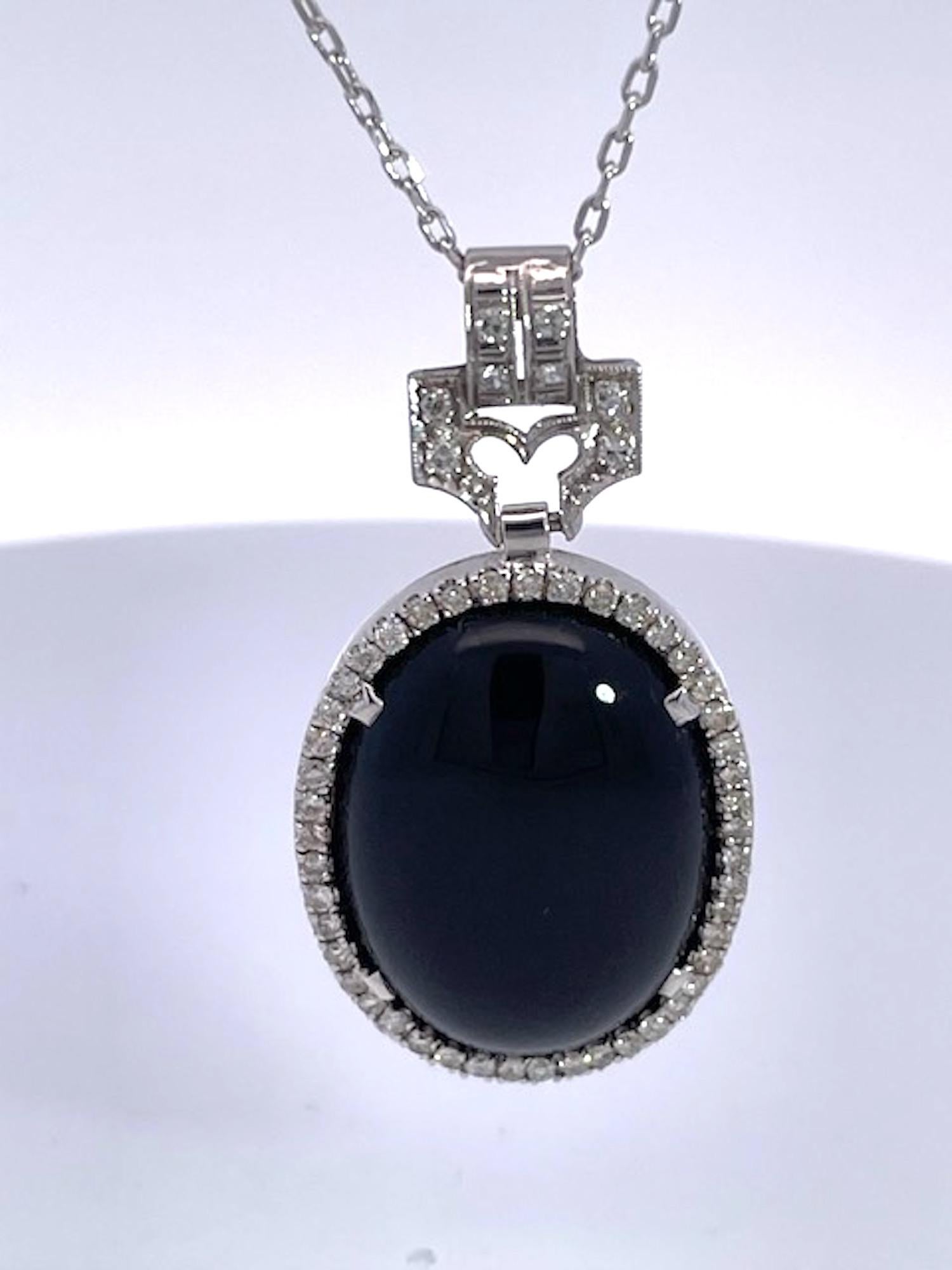 Art Deco Onyx Platinum Pendant Diamond Surround For Sale 4