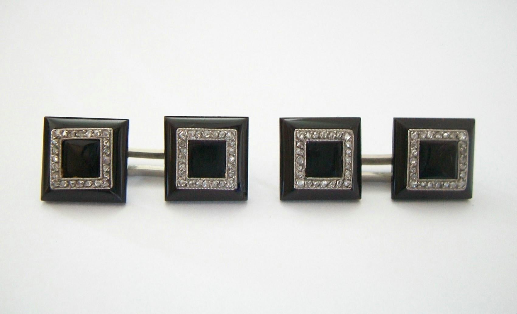 Rare Art Deco onyx, rose cut diamonds and 18K white gold cufflinks - refined and elegant double sided design - hand made to the highest quality - featuring invisibly set black onyx squares and borders with soft bevels to the outer edges - each