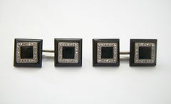 Art Deco Onyx, Rose Cut Diamonds, 18K White Gold Cufflinks - France - Circa 1925